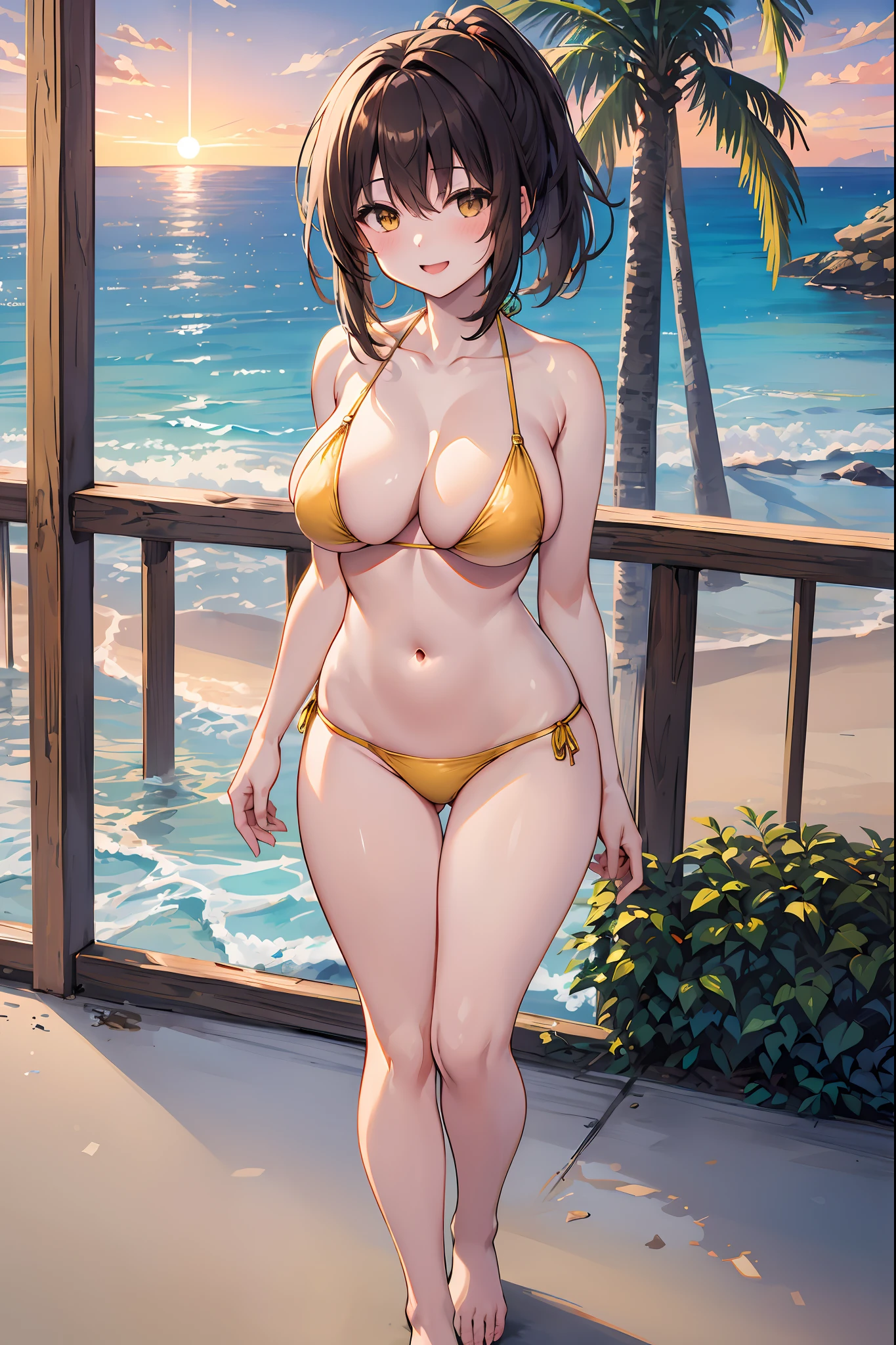 top-quality、Full limbs、complete fingers、Beautiful 25 year old woman、Slender beauty、poneyTail、Medium Hair、Brown hair、Raw feet、((Yellow Bikini))、Beautiful Large Breasts、sunset、the beach、Standing on the beach、horizon、Hair fluttering in the wind、A big smile、Palm trees