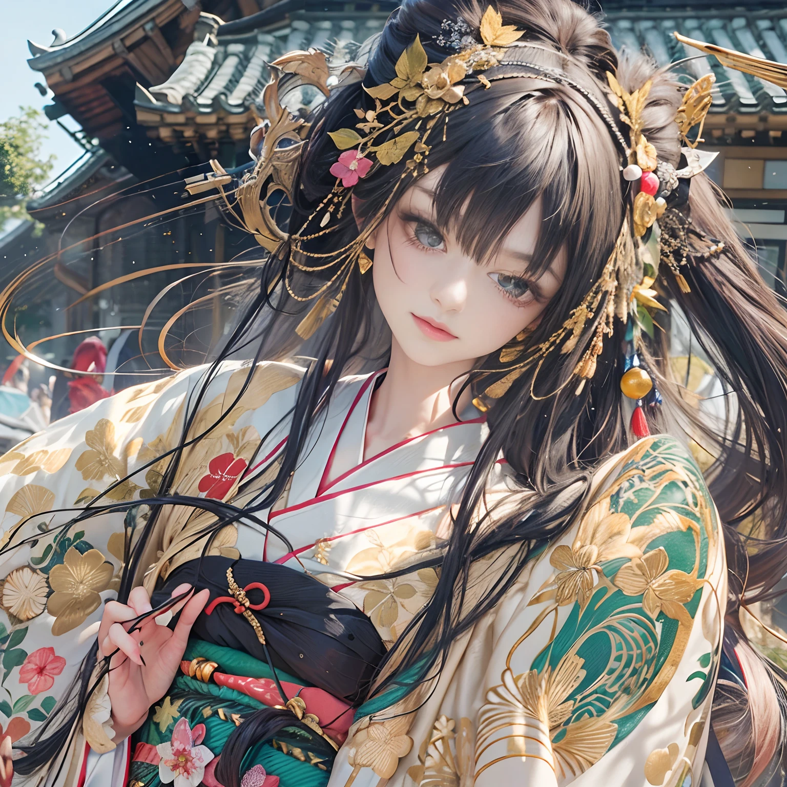 watching at viewers、Ancient capital and moon in the background、((Dense background))、poneyTail、Woman with shiny black hair、perfect hand、break {{{Luxury kimono(Colorful kimono(Detailed golden embroidery,))}}}、face perfect,Depict a beautiful and graceful woman of Japan。Heart in the eye。full body Esbian。 Wallpaper 8K, .Blur the background with a sickle,((masutepiece)), ((Best Quality))