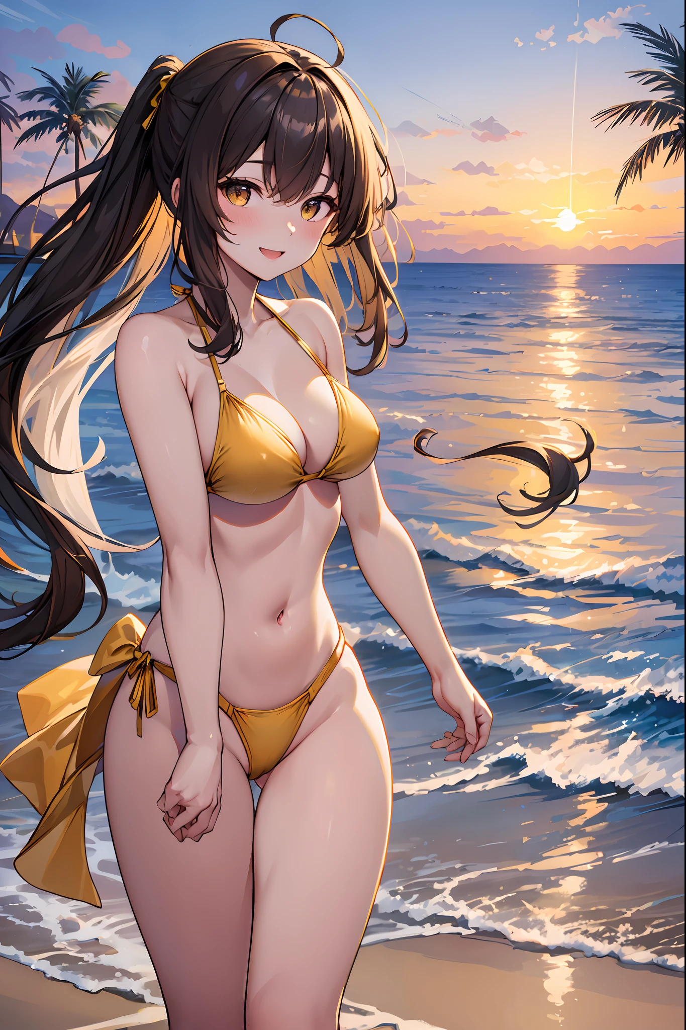 top-quality、Full limbs、complete fingers、Beautiful 25 year old woman、Slender beauty、poneyTail、Medium Hair、Brown hair、Raw feet、((Yellow Bikini))、Beautiful Large Breasts、sunset、the beach、Standing on the beach、horizon、Hair fluttering in the wind、A big smile、Palm trees