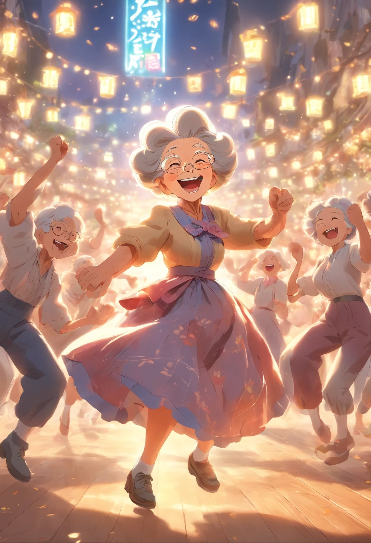 Grandma square dancing,Laugh happily,Scenes of happiness in old age