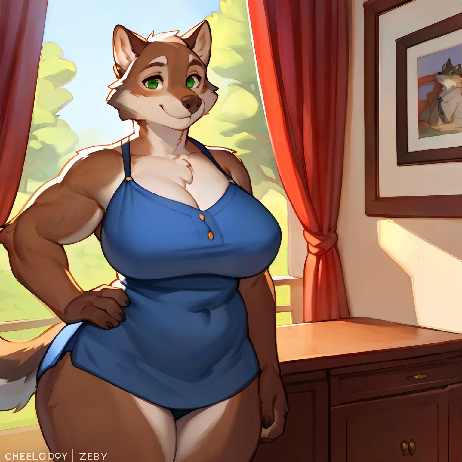 By chelodoy, by zaush, by bebebebebe, by spuydjeks, by meesh, by bigcozyorca, solo, plump, slightly muscular, mature body, timberwolf, female, brown furry body, wide hips, thick thighs, green eyes, milf, fluffy, blouse, capris, Masterpiece, best quality, absurd res, highly detailed, cleanly drawn eyes, anthro only, motherly smile.