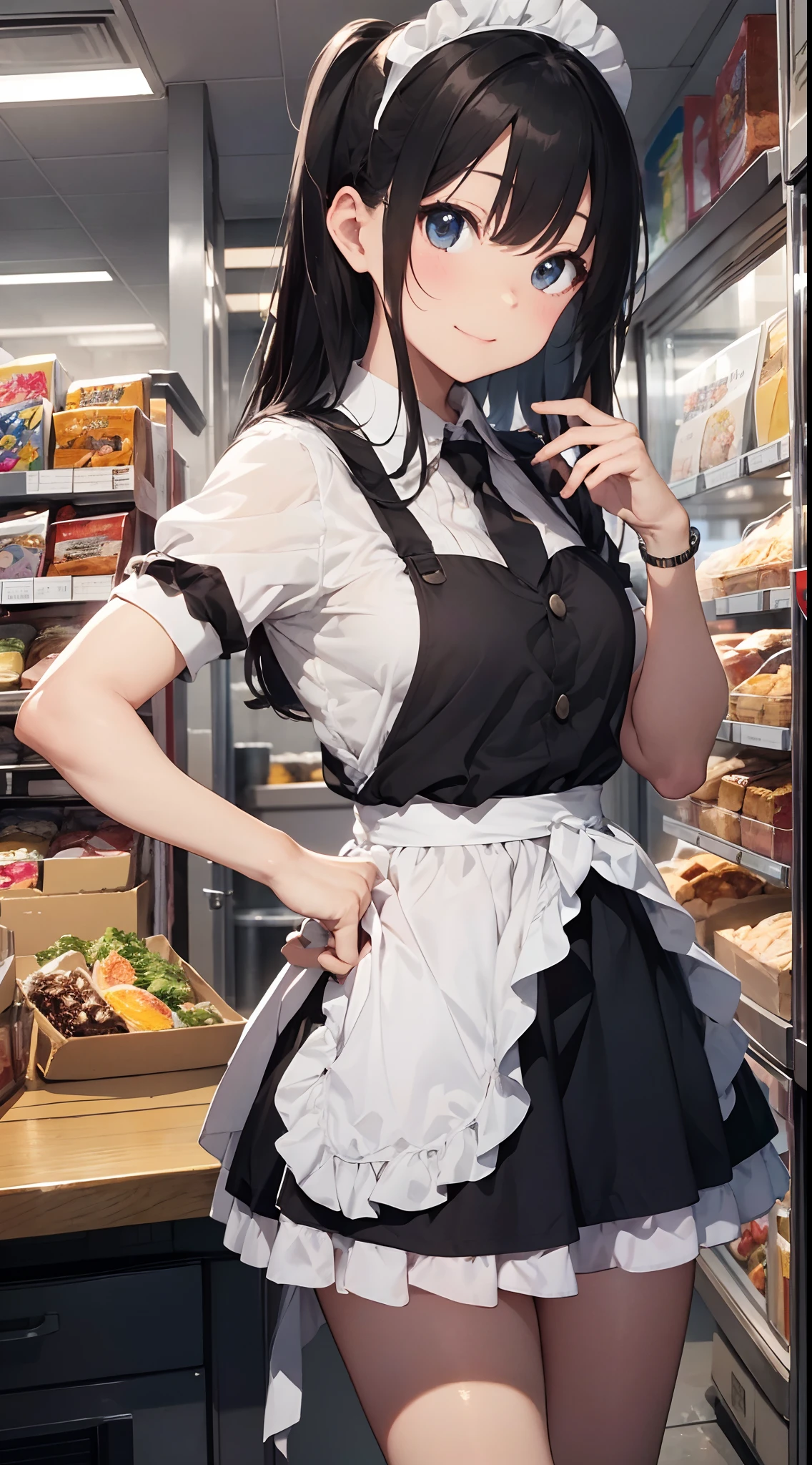 Detailed image, high quality, boy, Elio, cute, cafe, Cafe staff, family apron, medium penis, smile, flaccid cock, Dressed, just penis, sole boy, up focus, 