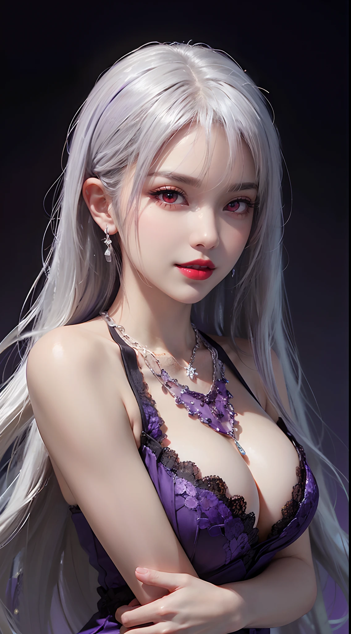 A beautiful and sexy 20-year-old girl, wearing an ultra-thin red dress, a diamond-embellished dress, ((long platinum hair:1.6)), bangs, elaborate jewelry made from precious stones, and beautiful hair, ((wearing a purple lace necklace:1.6))), the aristocratic and aristocratic style of the girl is extremely beautiful, the small face is super cute, the face is very pretty, the eyebrows are thin, the flawless beautiful face, ((black eye pupils: 0.8)), very beautiful eyes, ((light red eyes: 1.5)), beautiful makeup and detailed eyelashes, steamy eye makeup , high nose, earrings, red lips, ((closed mouth: 1;5 )) beautiful lips, slim hands, most beautiful thighs, ((arms spread out to the sides: 1.5)), rosy face, clean face , flawless beautiful face, smooth white skin, (big breasts: 1.5)), ((high breasts: 1.6)), Plump breasts, nice cleavage, ((big and super round breasts: 1.8))), ((super tight breasts: 1.5)) , beautiful breasts, back arms, beautiful girl's upper body, 8k photo, super high quality, super realistic, 10x super pixel, optical, dark studio, light border, two-tone light, (high detail skin:1.2), super 8k, soft light, high quality, volumetric lighting, realistic, Photo, high resolution, lighting, best photo, 4k quality, 8k, effects blur, Smooth and sharp, 10 x pixels, (galaxy: 1.7), aurora, lightning, surreal graphics, most realistic graphics, alone, solo, Extremely sharp, surreal images, ( ((frontal portrait:1.3)))."