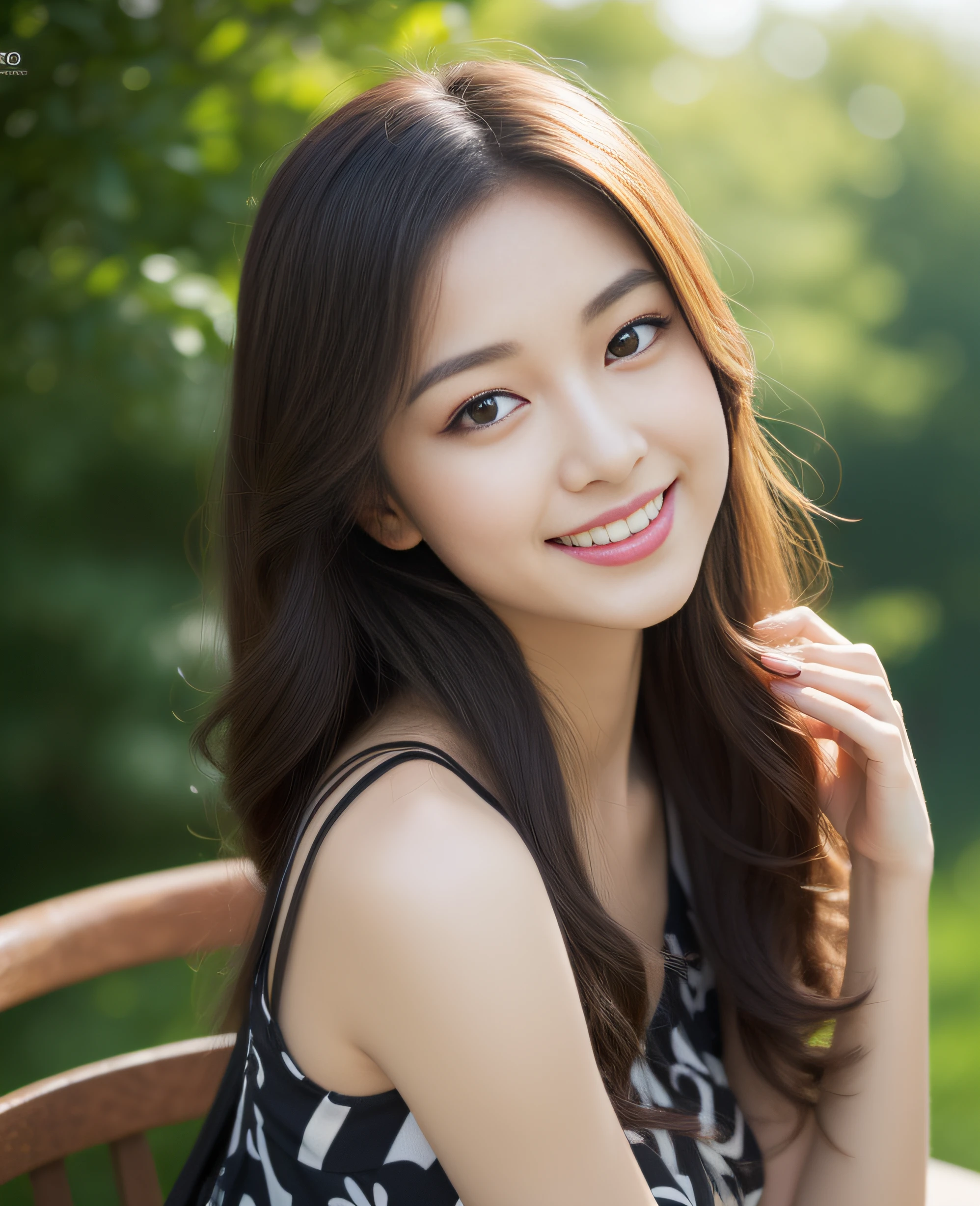 ((Top quality, 8K, Masterpiece: 1.3)), Beauty, Pure, Melon face, Kind and cute, Sweet smile, Pure desire, Slender body, (Front), (Tilted head), ((Looking at camera)) , wearing a patterned dress, black silky long hair, long shoulders, round black big eyes, clear big eyes, moist red lips, sweet, sitting on a chair, park background, ((( whole body))),