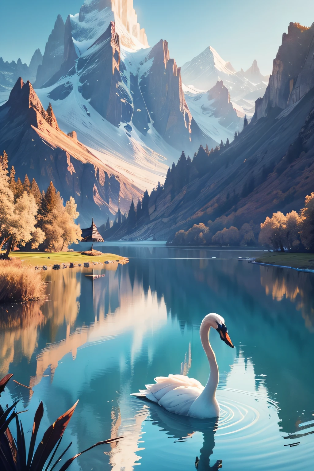 beautiful lagoon landscape with a beautiful swan in the background very detailed
