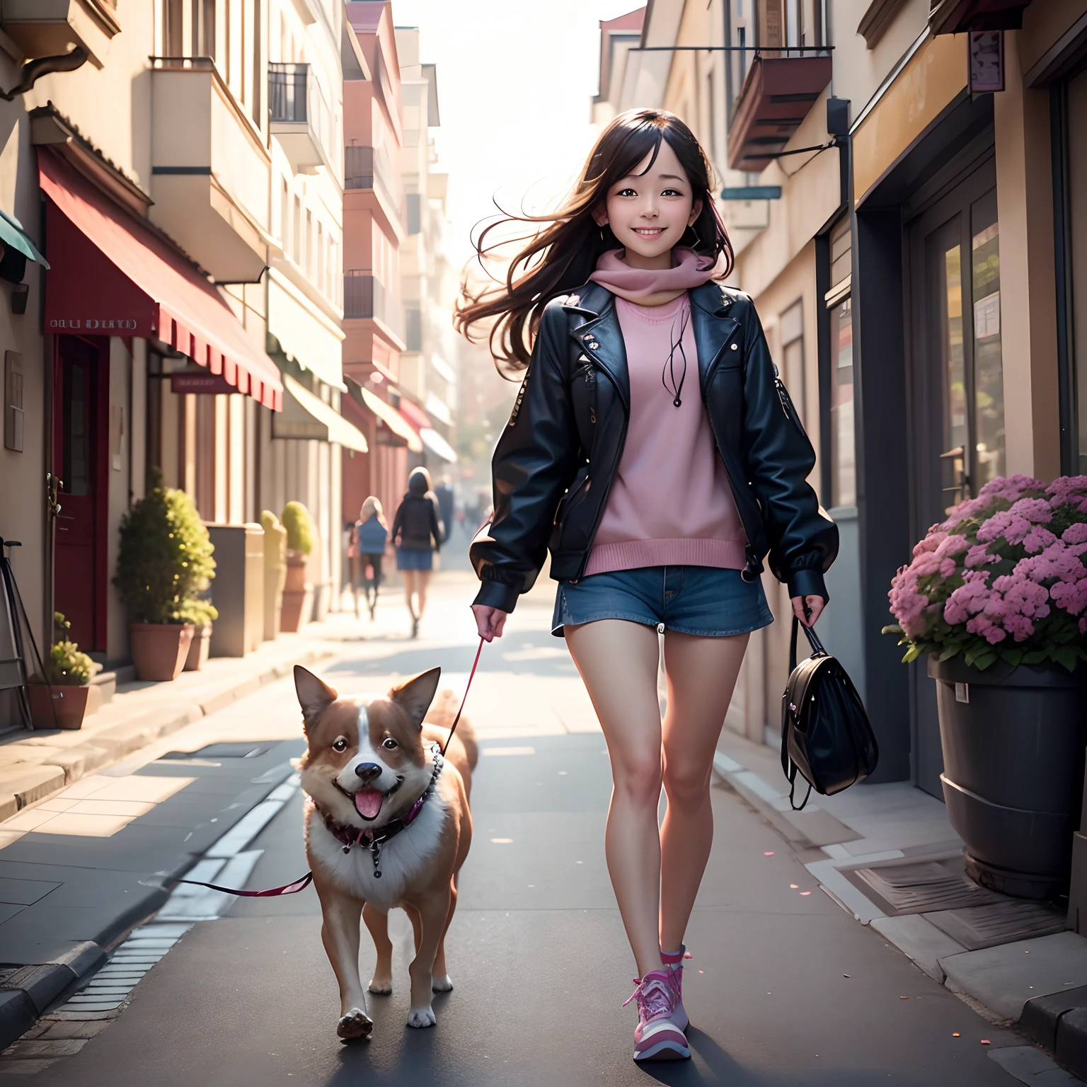an endearing image of a cute girl with bright, expressive eyes strolling along a charming, sunlit street, her adorable pet dog happily trotting beside her on a leash. The girl should wear a stylish, colorful outfit, and her enthusiasm should radiate through her cheerful smile. Surround them with a picturesque, inviting cityscape, with bustling cafes, fluttering cherry blossom trees, and pedestrians captivated by the heartwarming sight of this girl and her furry companion.