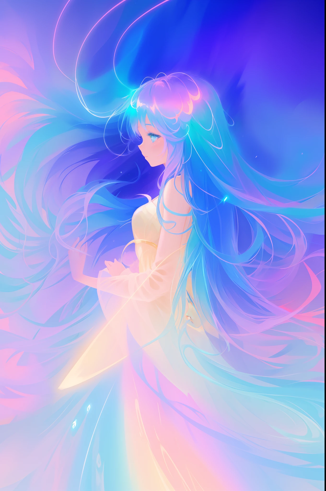beautiful anime girl, inspired by Glen Keane, inspired by Lois van Baarle, (disney art style), by Lois van Baarle, glowing aura around her, by Glen Keane, jen bartel, glowing lights! digital painting, flowing glowing hair, glowing flowing hair, beautiful digital illustration, magical, whimsical, fantasia background, liquid ballgown, liquid hair, colorful