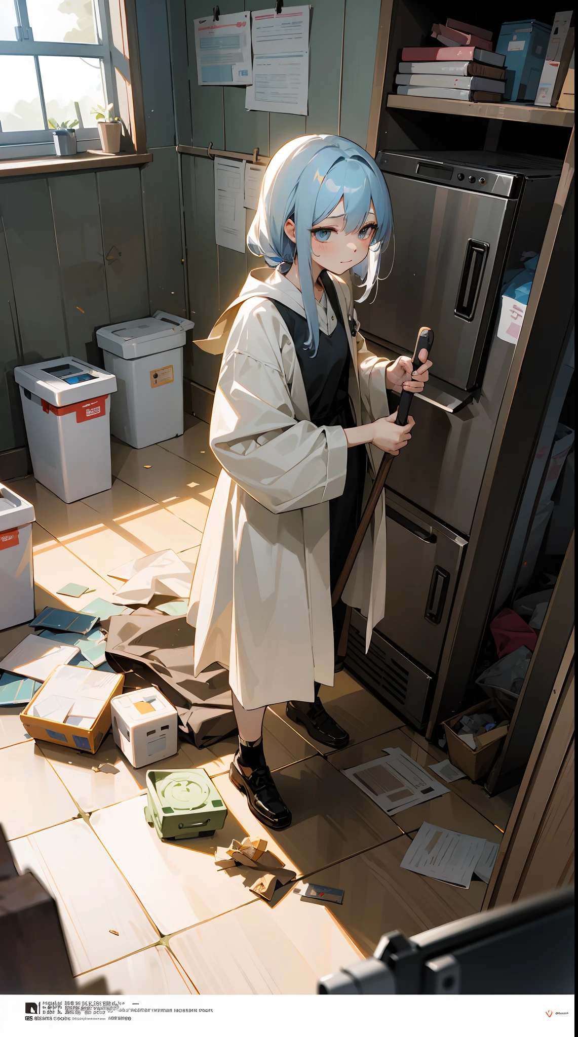 This illustration is、Pretty girl standing in a room filled with garbage、It depicts a moment when you are furious about the situation。She、Holding cleaning tools in hand、Its eyes are burning with anger。Among them、Old magazines、leftover food、Filled with unused household appliances。 however、The most notable is、She gives off「The high-energy body of the final mystery」is。This energy body is、Released from her body、Has the power to erase garbage in the room in an instant。ha、Emitting a pale light、That light is in the corner of the room々It has been delivered to。 This moment、Garbage burns out、The room becomes clean in an instant。 Eta、At its heart is、Anger subsides、A girl with a satisfied expression is standing。