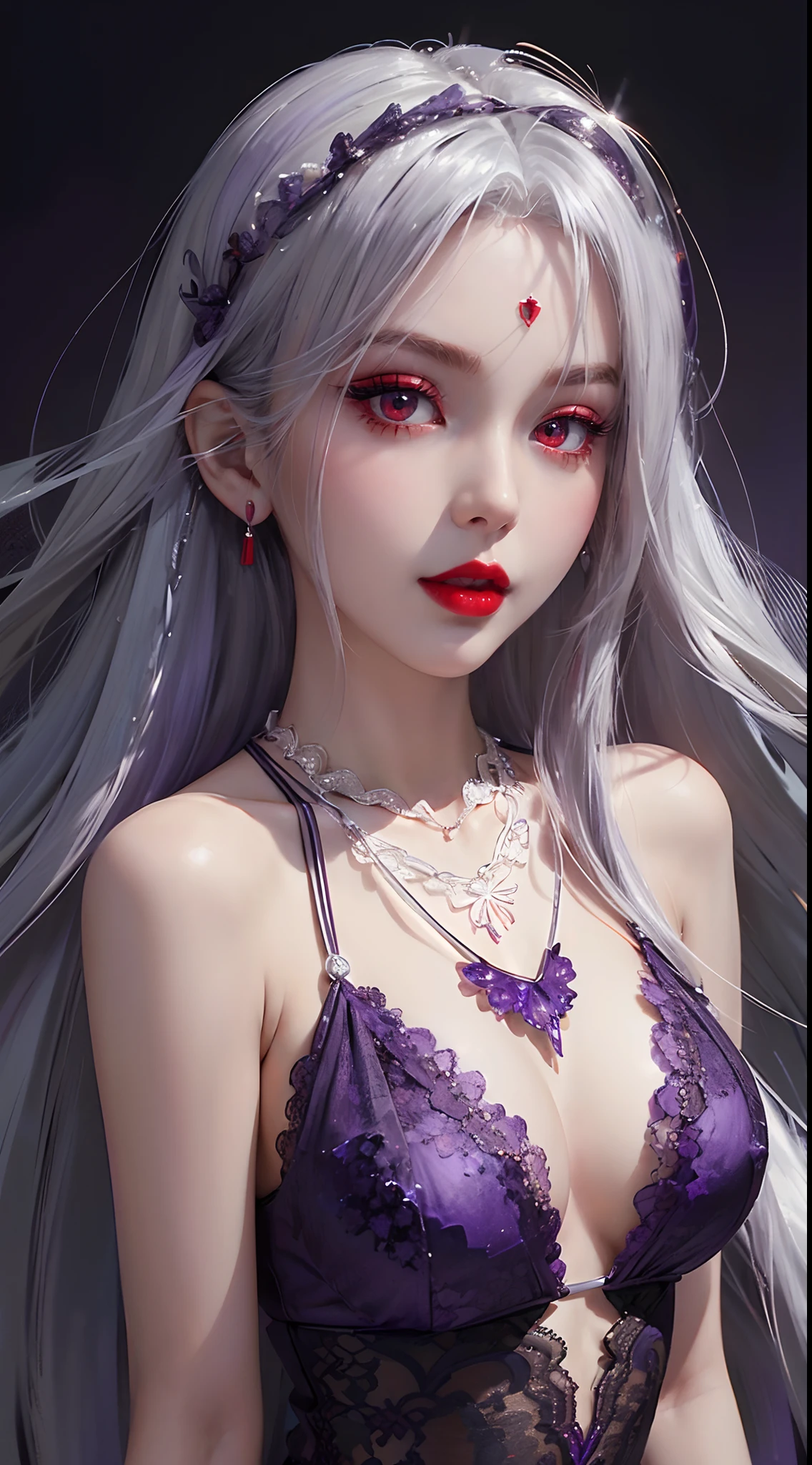 A beautiful and sexy 20-year-old girl, wearing an ultra-thin red dress, a diamond-embellished dress, ((long platinum hair:1.6)), bangs, elaborate jewelry made from precious stones, and beautiful hair, ((wearing a purple lace necklace:1.6))), the aristocratic and aristocratic style of the girl is extremely beautiful, the small face is super cute, the face is very pretty, the eyebrows are thin, the flawless beautiful face, ((black eye pupils: 0.8)), very beautiful eyes, ((light red eyes: 1.5)), beautiful makeup and detailed eyelashes, steamy eye makeup , high nose, earrings, red lips, ((closed mouth: 1;5 )) beautiful lips, slim hands, most beautiful thighs, ((arms spread out to the sides: 1.5)), rosy face, clean face , flawless beautiful face, smooth white skin, (big breasts: 1.5)), ((high breasts: 1.6)), Plump breasts, nice cleavage, ((big and super round breasts: 1.8))), ((super tight breasts: 1.5)) , beautiful breasts, back arms, beautiful girl's upper body, 8k photo, super high quality, super realistic, 10x super pixel, optical, dark studio, light border, two-tone light, (high detail skin:1.2), super 8k, soft light, high quality, volumetric lighting, realistic, Photo, high resolution, lighting, best photo, 4k quality, 8k, effects blur, Smooth and sharp, 10 x pixels, (galaxy: 1.7), aurora, lightning, surreal graphics, most realistic graphics, alone, solo, Extremely sharp, surreal images, ( ((frontal portrait:1.3)))."