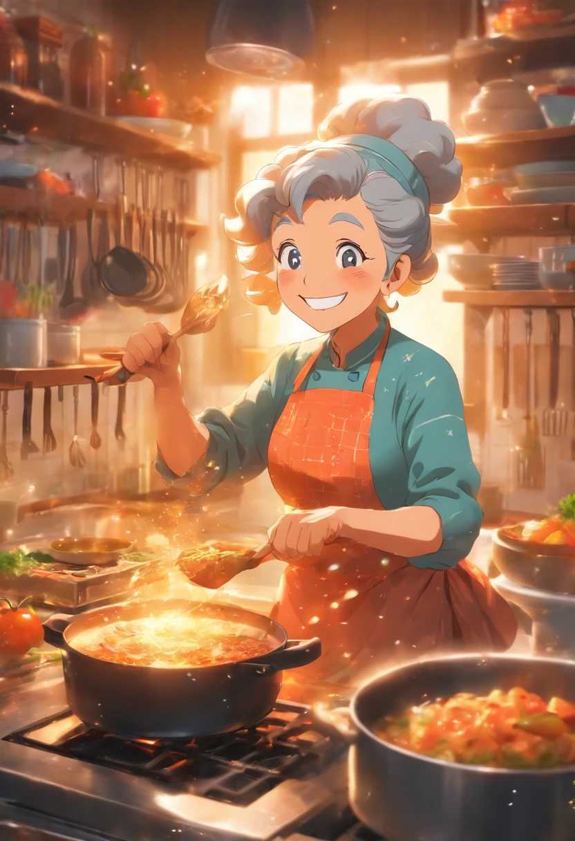 Grandma was cooking in the kitchen,Smile happily,Enjoy the state of life