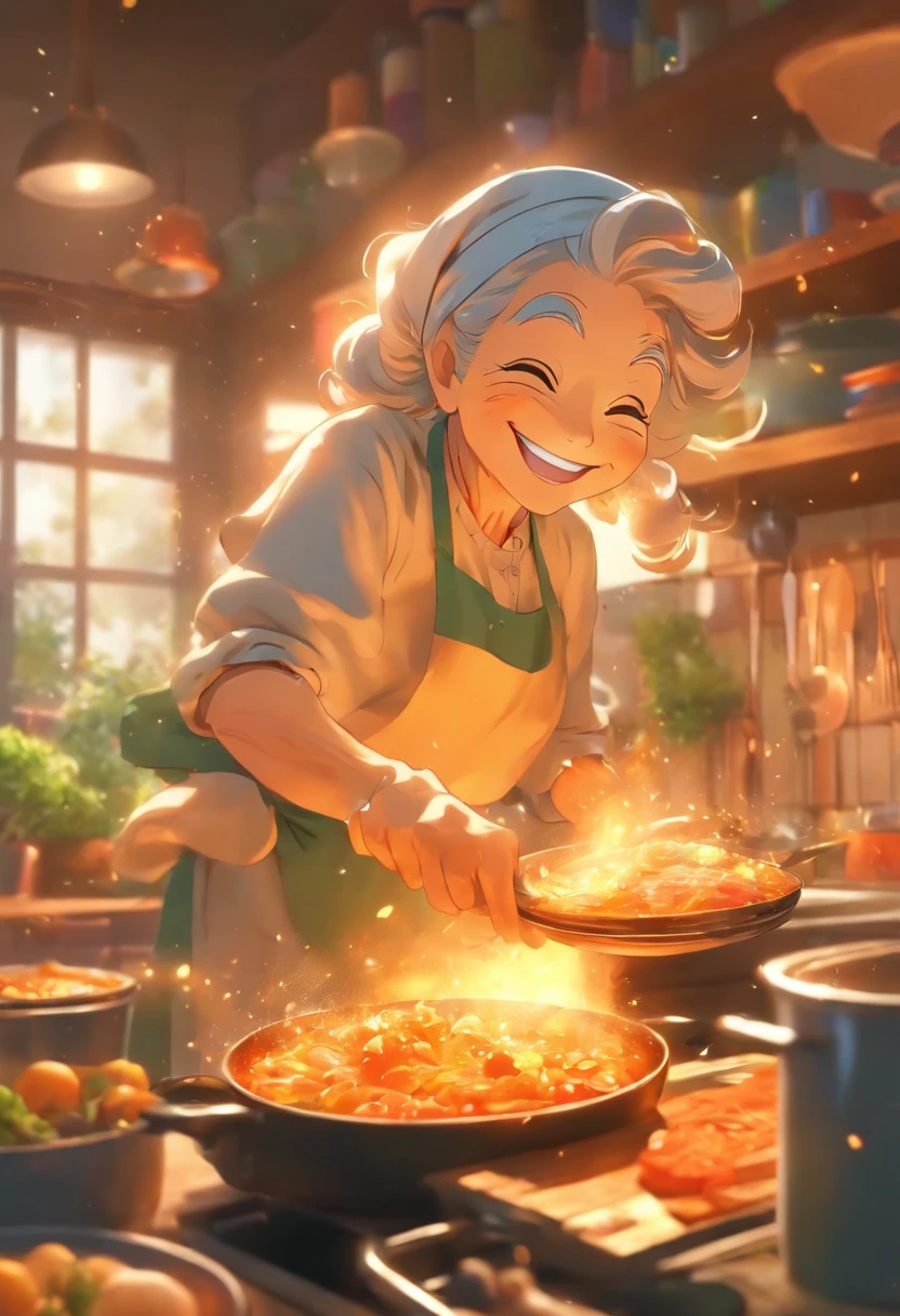 Grandma was cooking in the kitchen,Smile happily,Enjoy the state of life