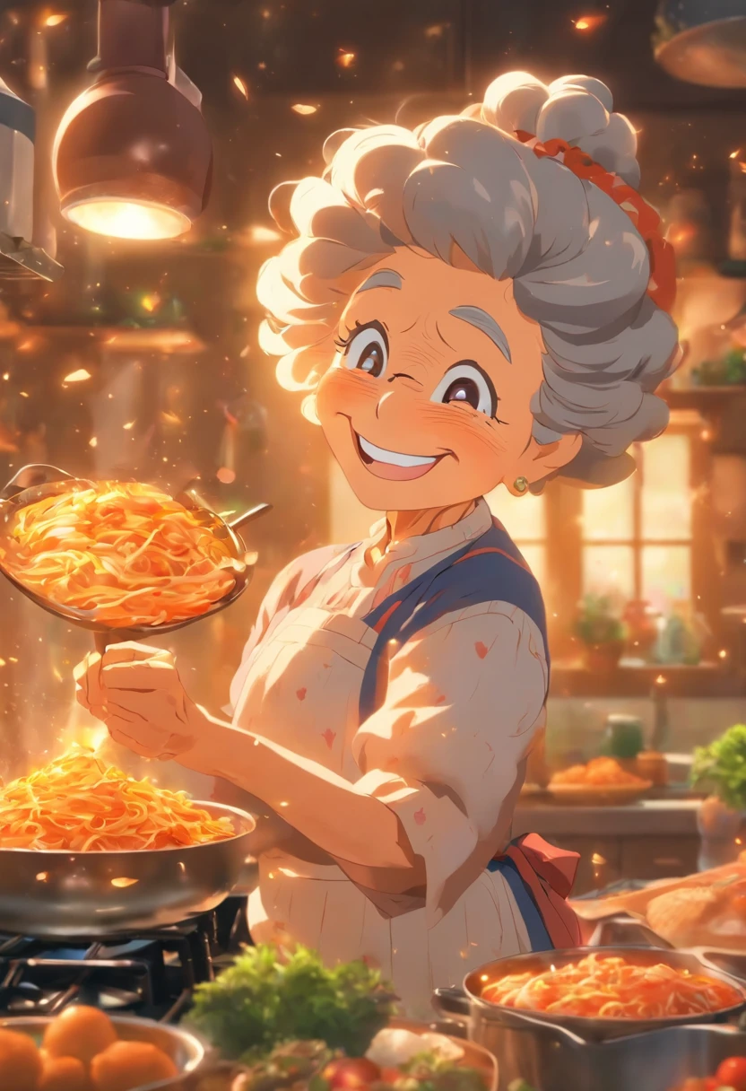 Grandma was cooking in the kitchen,Smile happily,Enjoy the state of life