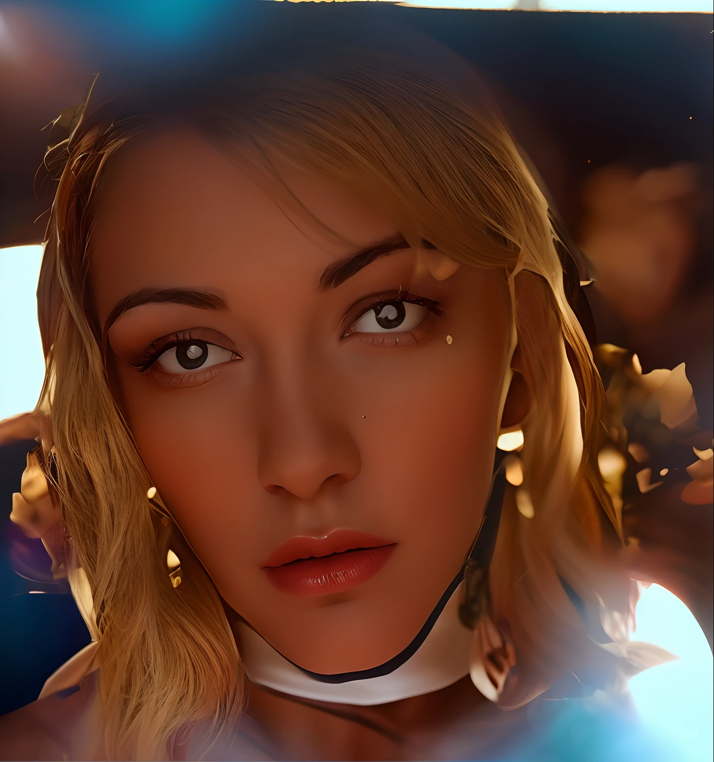 blonde blue eyes cartoon with little smiling expression, big cleavage and Sweaty body