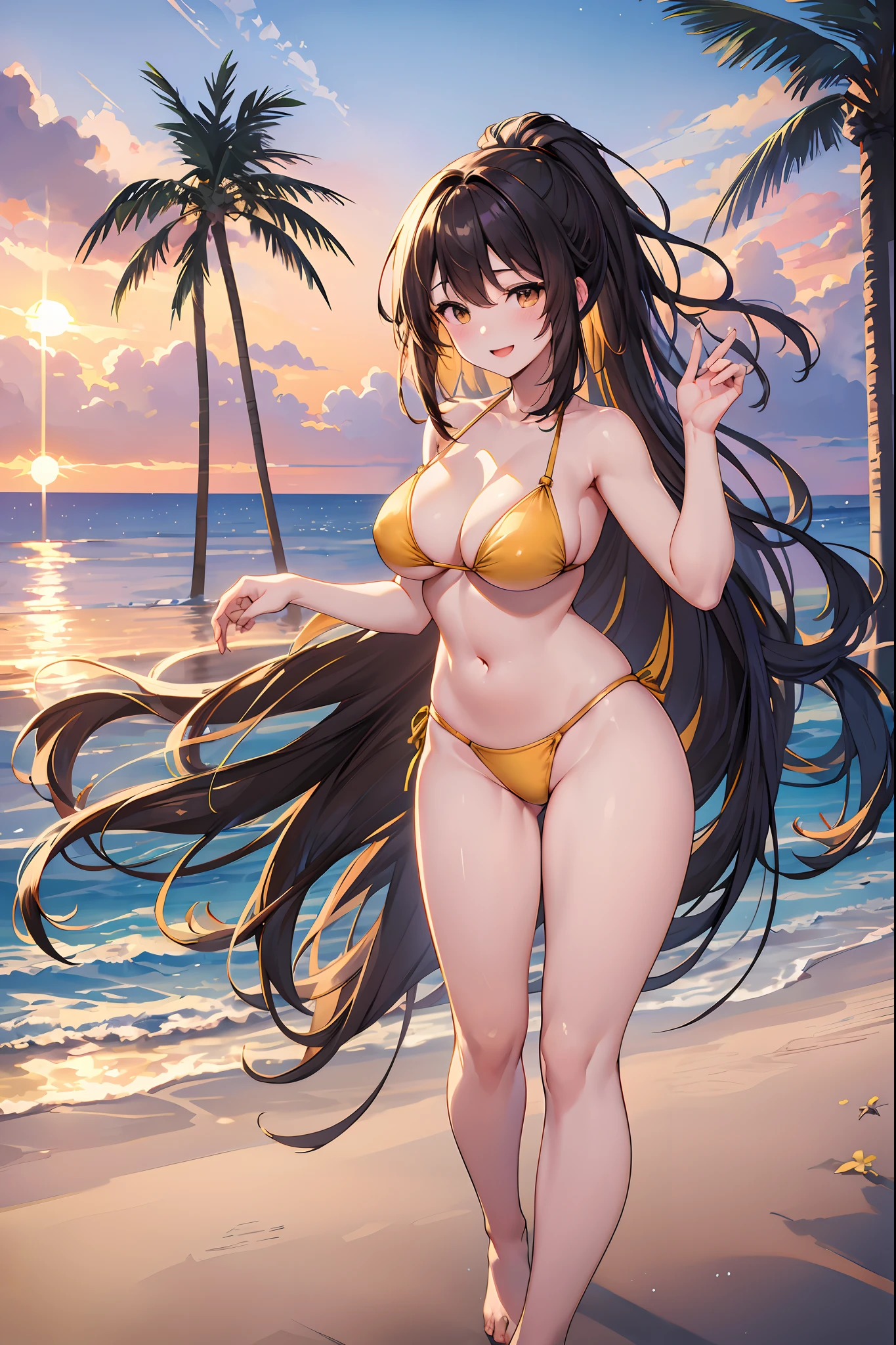 top-quality、Full limbs、complete fingers、Beautiful 25 year old woman、Slender beauty、poneyTail、Medium Hair、Brown hair、Raw feet、((Yellow Bikini))、Beautiful Large Breasts、sunset、the beach、Standing on the beach、horizon、Hair fluttering in the wind、A big smile、Palm trees