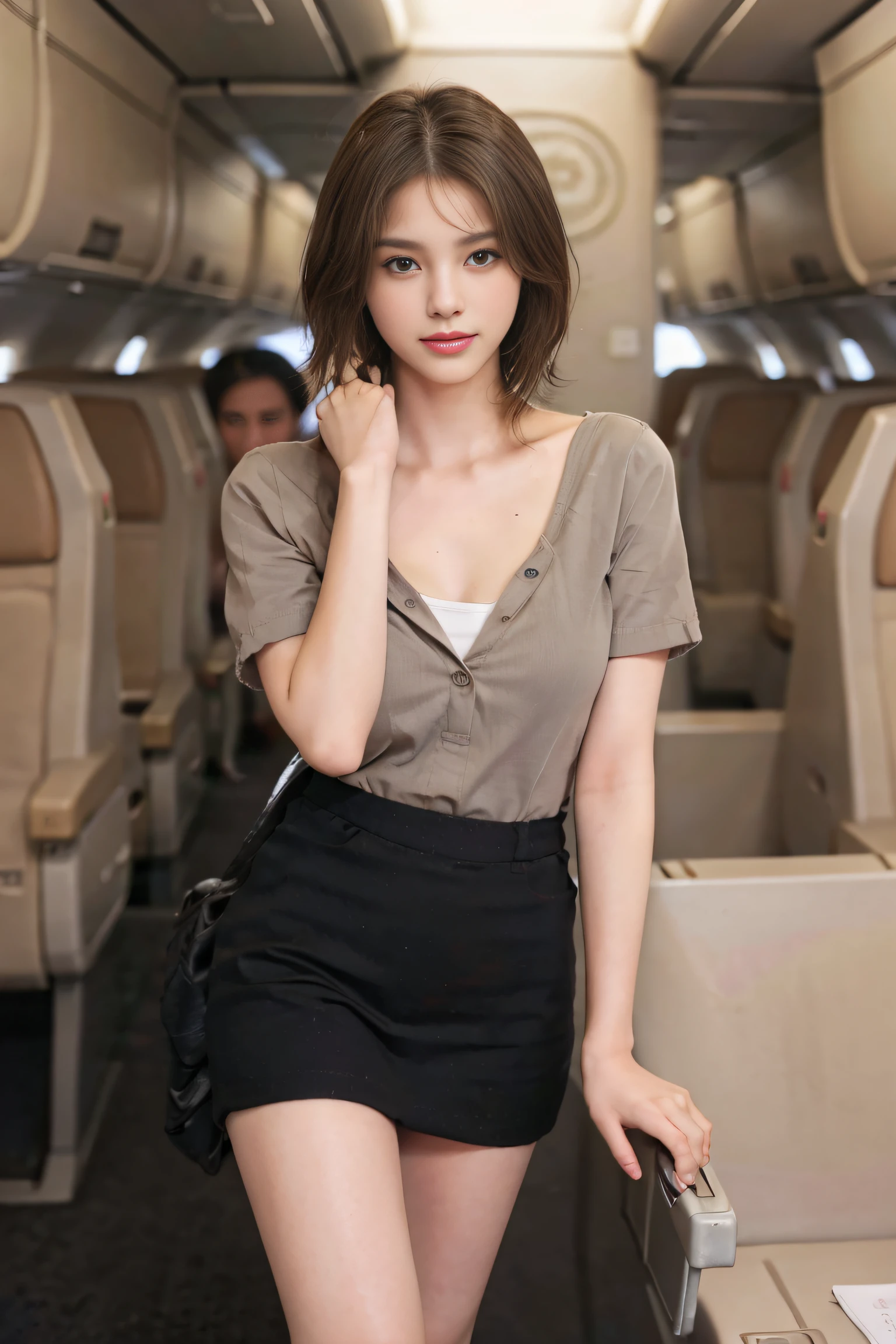 8K, of the highest quality, Intricate details, Ultra Detail, Ultra High Resolution, masterpiece, smile, (fluffy brown eyes: 1.21), Brown eyes, 1female, Solo, 40 years, cowboy shot, Standing , (((Beautiful Face))), ((( Black short hair ))), (Detailed face), Detailed lips, ((Stewardess uniform:1.2)), Detailed face, Detailed chest, large full breasts, detail, Perfect body, (detail legs), background: in an airplane
