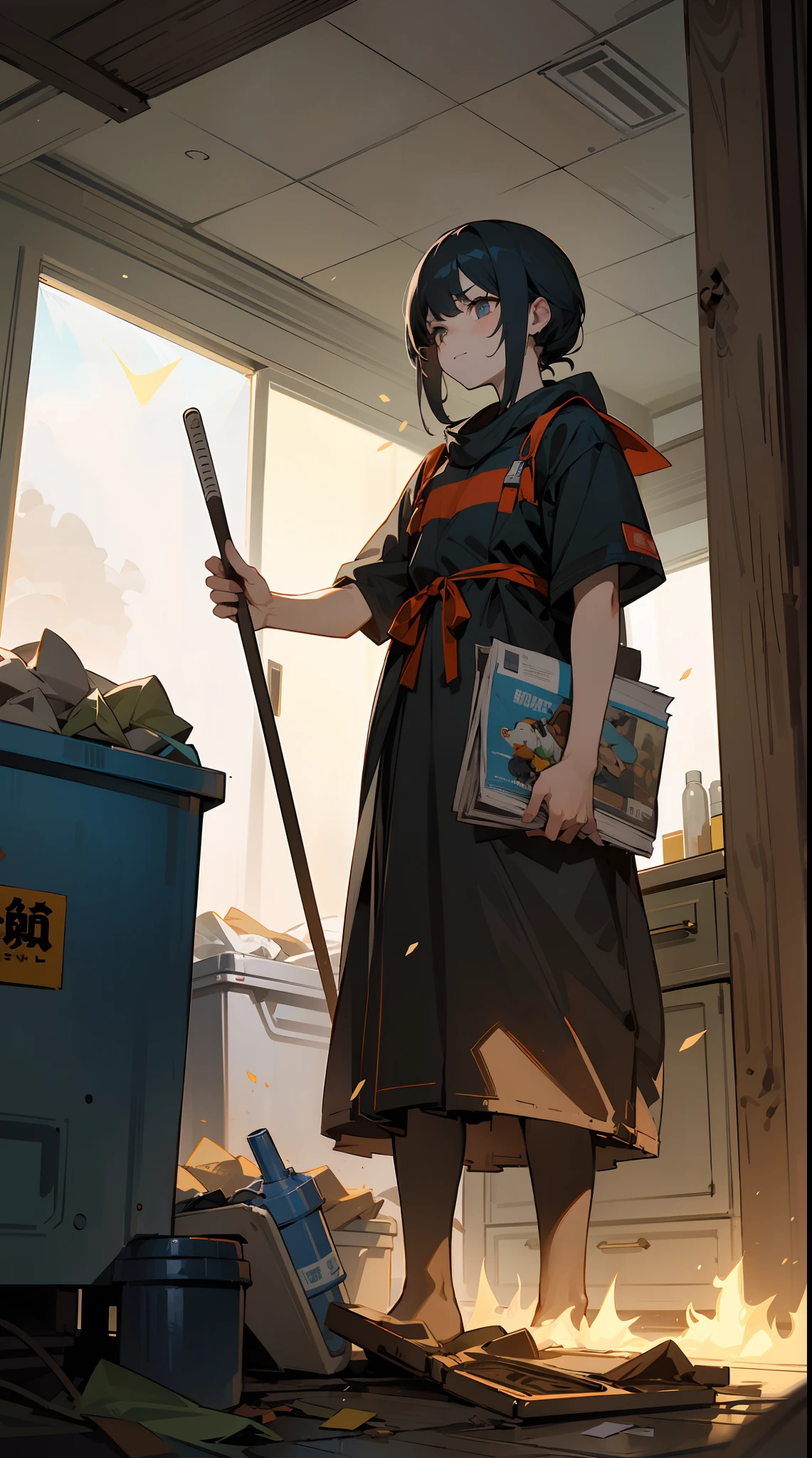 This illustration is、Pretty girl standing in a room filled with garbage、It depicts a moment when you are furious about the situation。She、Holding cleaning tools in hand、Its eyes are burning with anger。Among them、Old magazines、leftover food、Filled with unused household appliances。 however、The most notable is、She gives off「The high-energy body of the final mystery」is。This energy body is、Released from her body、Has the power to erase garbage in the room in an instant。ha、Emitting a pale light、That light is in the corner of the room々It has been delivered to。 This moment、Garbage burns out、The room becomes clean in an instant。 Eta、At its heart is、Anger subsides、A girl with a satisfied expression is standing。