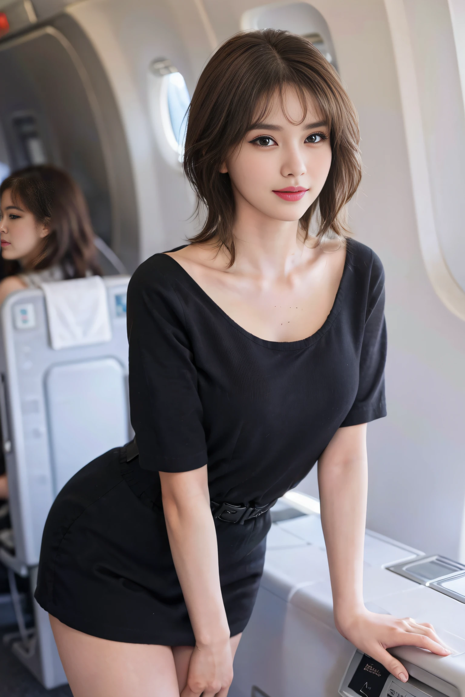 8K, of the highest quality, Intricate details, Ultra Detail, Ultra High Resolution, masterpiece, smile, (fluffy brown eyes: 1.21), Brown eyes, 1female, Solo, 40 years, cowboy shot, Standing , (((Beautiful Face))), ((( Black short hair ))), (Detailed face), Detailed lips, ((Stewardess uniform:1.2)), Detailed face, Detailed chest, large full breasts, detail, Perfect body, (detail legs), background: in an airplane