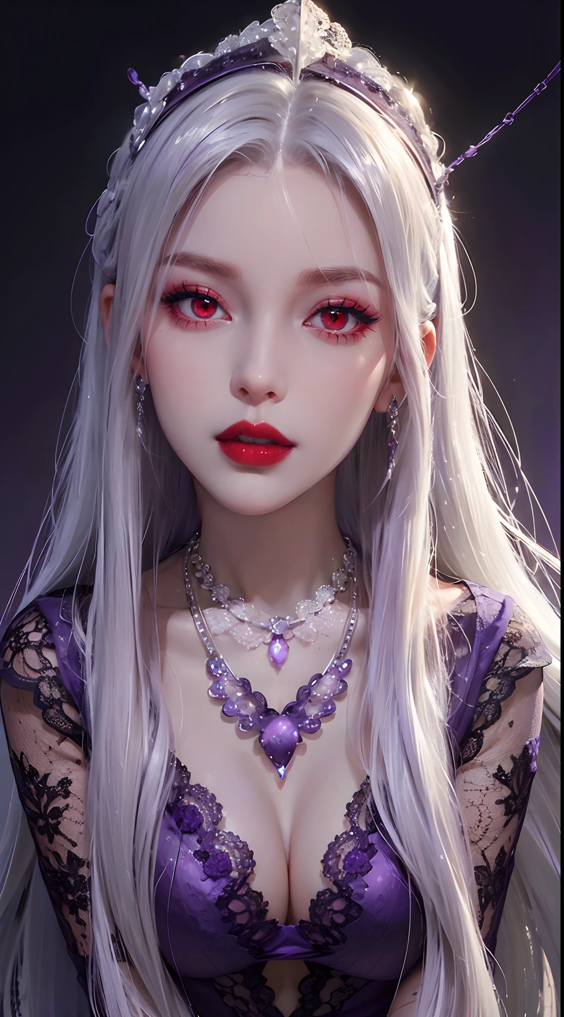 A beautiful and sexy 20-year-old girl, wearing an ultra-thin red dress, a diamond-embellished dress, ((long platinum hair:1.6)), bangs, elaborate jewelry made from precious stones, and beautiful hair, ((wearing a purple lace necklace:1.6))), the aristocratic and aristocratic style of the girl is extremely beautiful, the small face is super cute, the face is very pretty, the eyebrows are thin, the flawless beautiful face, ((black eye pupils: 0.8)), very beautiful eyes, ((light red eyes: 1.5)), beautiful makeup and detailed eyelashes, steamy eye makeup , high nose, earrings, red lips, ((closed mouth: 1;5 )) beautiful lips, slim hands, most beautiful thighs, ((arms spread out to the sides: 1.5)), rosy face, clean face , flawless beautiful face, smooth white skin, (big breasts: 1.5)), ((high breasts: 1.6)), Plump breasts, nice cleavage, ((big and super round breasts: 1.8))), ((super tight breasts: 1.5)) , beautiful breasts, back arms, beautiful girl's upper body, 8k photo, super high quality, super realistic, 10x super pixel, optical, dark studio, light border, two-tone light, (high detail skin:1.2), super 8k, soft light, high quality, volumetric lighting, realistic, Photo, high resolution, lighting, best photo, 4k quality, 8k, effects blur, Smooth and sharp, 10 x pixels, (galaxy: 1.7), aurora, lightning, surreal graphics, most realistic graphics, alone, solo, Extremely sharp, surreal images, ( ((frontal portrait:1.3)))."
