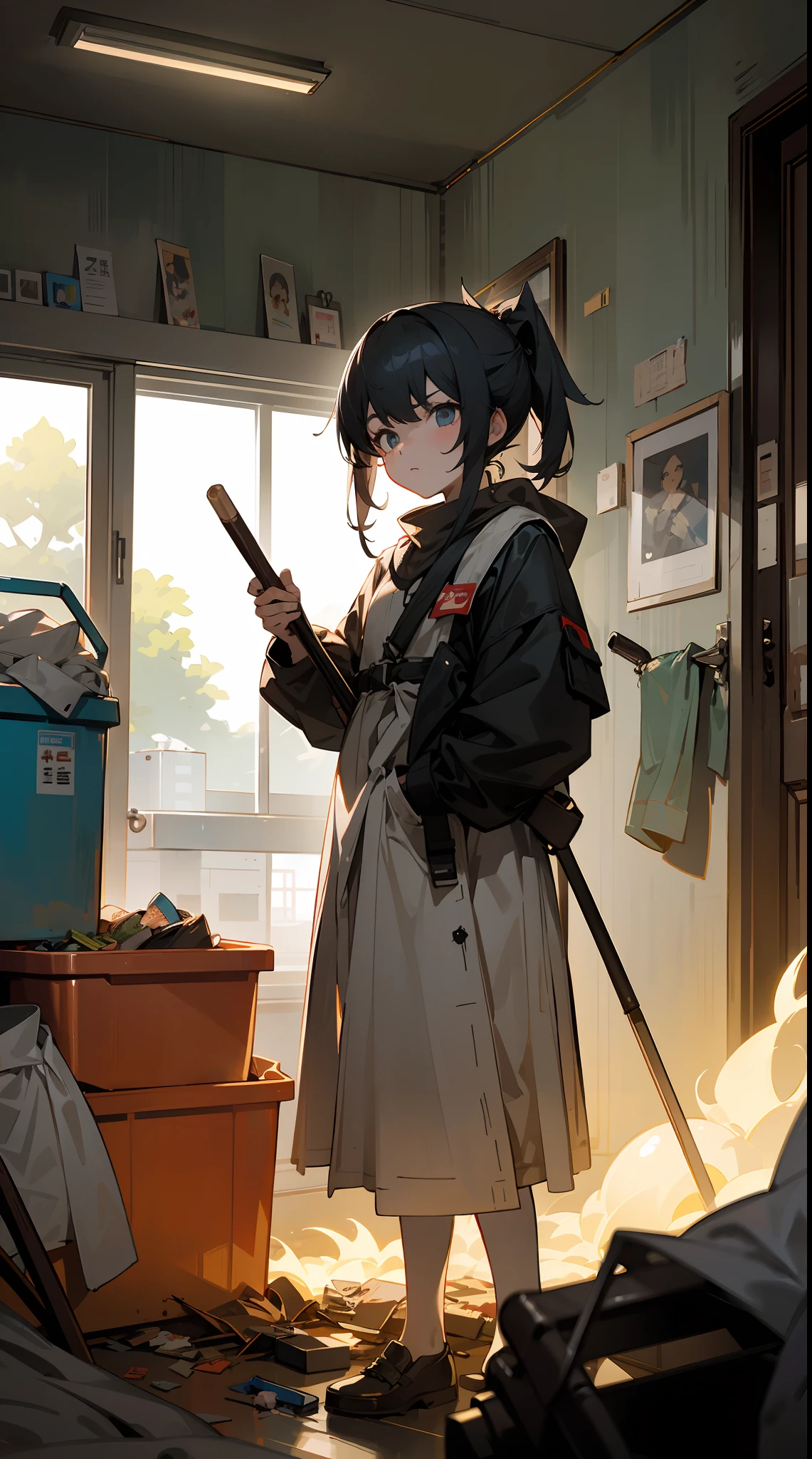 This illustration is、Pretty girl standing in a room filled with garbage、It depicts a moment when you are furious about the situation。She、Holding cleaning tools in hand、Its eyes are burning with anger。Among them、Old magazines、leftover food、Filled with unused household appliances。 however、The most notable is、She gives off「The high-energy body of the final mystery」is。This energy body is、Released from her body、Has the power to erase garbage in the room in an instant。ha、Emitting a pale light、That light is in the corner of the room々It has been delivered to。 This moment、Garbage burns out、The room becomes clean in an instant。 Eta、At its heart is、Anger subsides、A girl with a satisfied expression is standing。