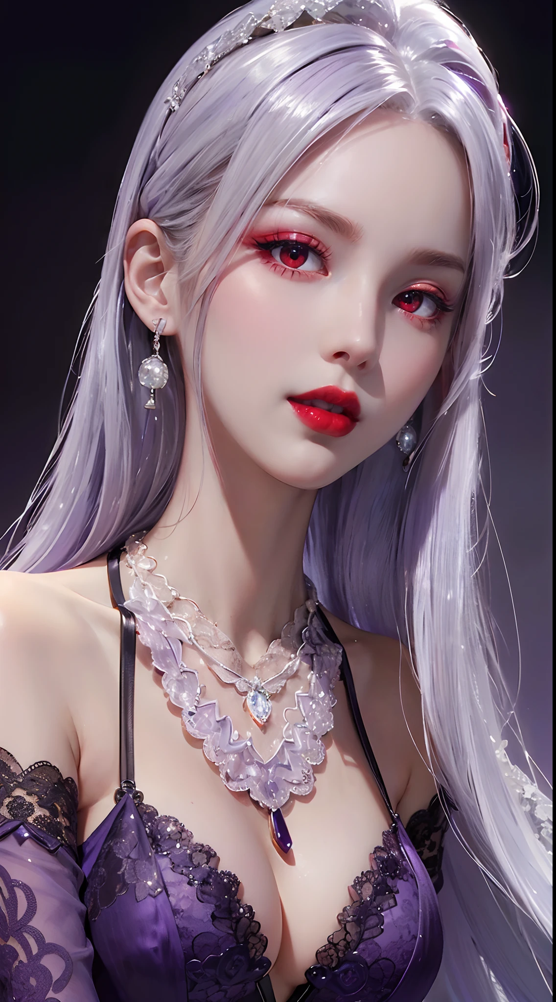 A beautiful and sexy 20-year-old girl, wearing an ultra-thin red dress, a diamond-embellished dress, ((long platinum hair:1.6)), bangs, elaborate jewelry made from precious stones, and beautiful hair, ((wearing a purple lace necklace:1.6))), the aristocratic and aristocratic style of the girl is extremely beautiful, the small face is super cute, the face is very pretty, the eyebrows are thin, the flawless beautiful face, ((black eye pupils: 0.8)), very beautiful eyes, ((light red eyes: 1.5)), beautiful makeup and detailed eyelashes, steamy eye makeup , high nose, earrings, red lips, ((closed mouth: 1;5 )) beautiful lips, slim hands, most beautiful thighs, ((arms spread out to the sides: 1.5)), rosy face, clean face , flawless beautiful face, smooth white skin, (big breasts: 1.5)), ((high breasts: 1.6)), Plump breasts, nice cleavage, ((big and super round breasts: 1.8))), ((super tight breasts: 1.5)) , beautiful breasts, back arms, beautiful girl's upper body, 8k photo, super high quality, super realistic, 10x super pixel, optical, dark studio, light border, two-tone light, (high detail skin:1.2), super 8k, soft light, high quality, volumetric lighting, realistic, Photo, high resolution, lighting, best photo, 4k quality, 8k, effects blur, Smooth and sharp, 10 x pixels, (galaxy: 1.7), aurora, lightning, surreal graphics, most realistic graphics, alone, solo, Extremely sharp, surreal images, ( ((frontal portrait:1.3)))."