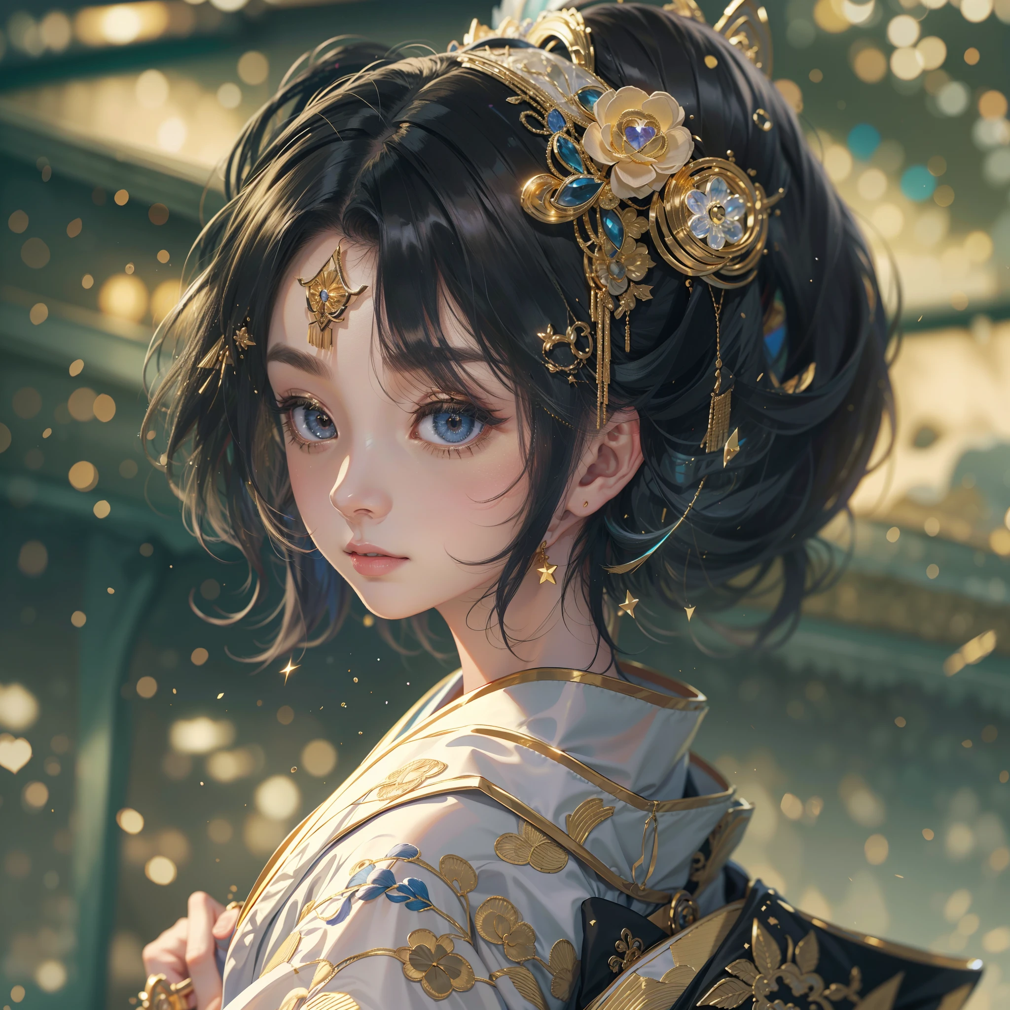 watching at viewers,Gouño on dark background(kyoto、starryskybackground,dense background),perfect hand、poneyTail、Woman with shiny black hair、Break elaborate costumes{Luxury kimono(Colorful kimono(Detailed golden embroidery,))}、face perfect,Depict a beautiful and graceful woman of Japan。Heart in the eye。full body Esbian。 Wallpaper 8K, .Blur the background with a sickle,((masutepiece)), ((Best Quality)),{{Photorealistic}}