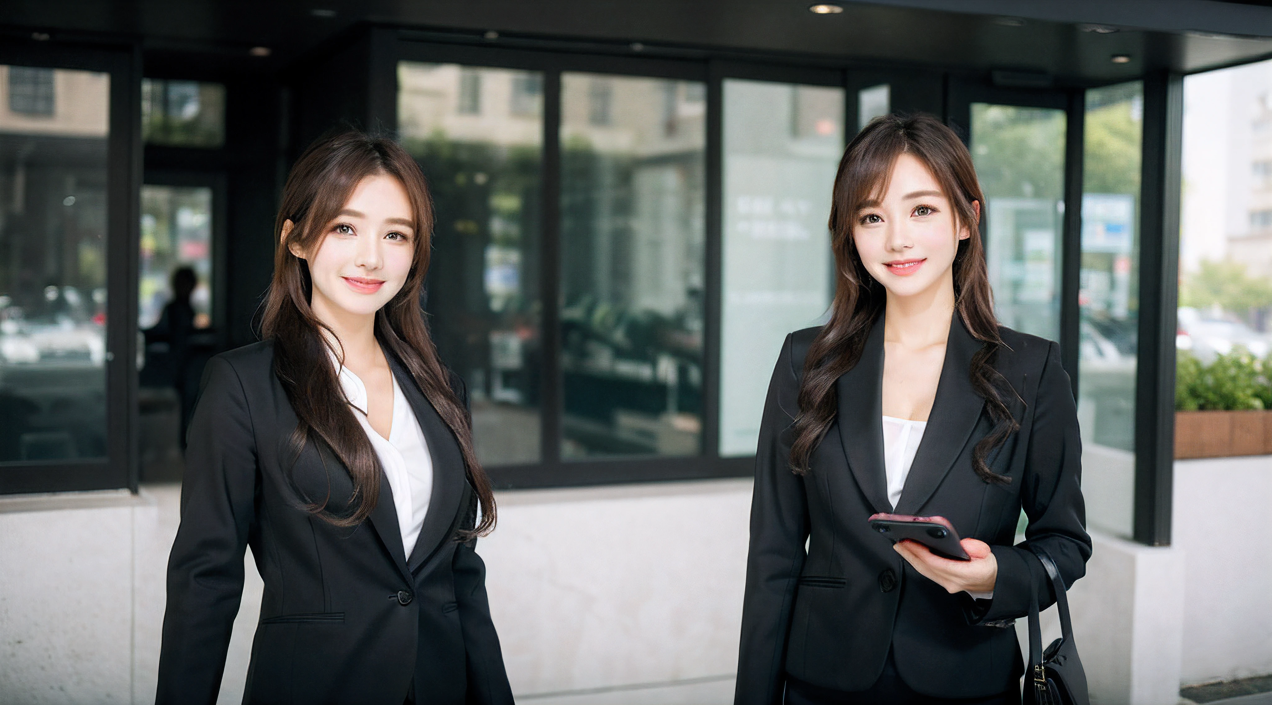 Wagas、Calling on your smartphone、Beautiful woman、business sui、Black jacket、White button shirt、tight skirts、a picture、A detailed face、Detailed lips、A detailed eye、a smile