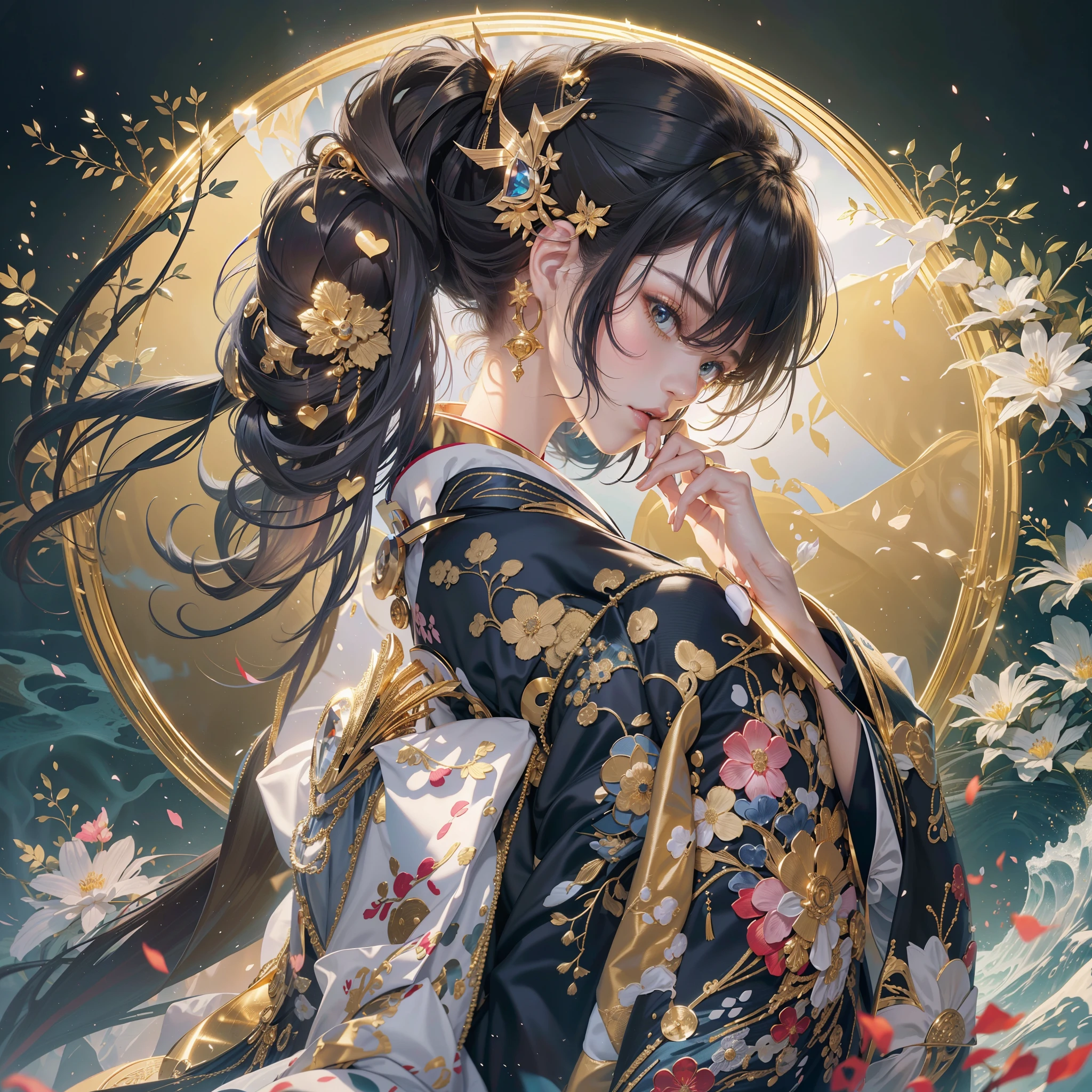 watching at viewers,Gouño on dark background(kyoto、starryskybackground,dense background),perfect hand、poneyTail、Woman with shiny black hair、Break elaborate costumes{Luxury kimono(Colorful kimono(Detailed golden embroidery,))}、face perfect,Depict a beautiful and graceful woman of Japan。Heart in the eye。full body Esbian。 Wallpaper 8K, .Blur the background with a sickle,((masutepiece)), ((Best Quality)),{{Photorealistic}}