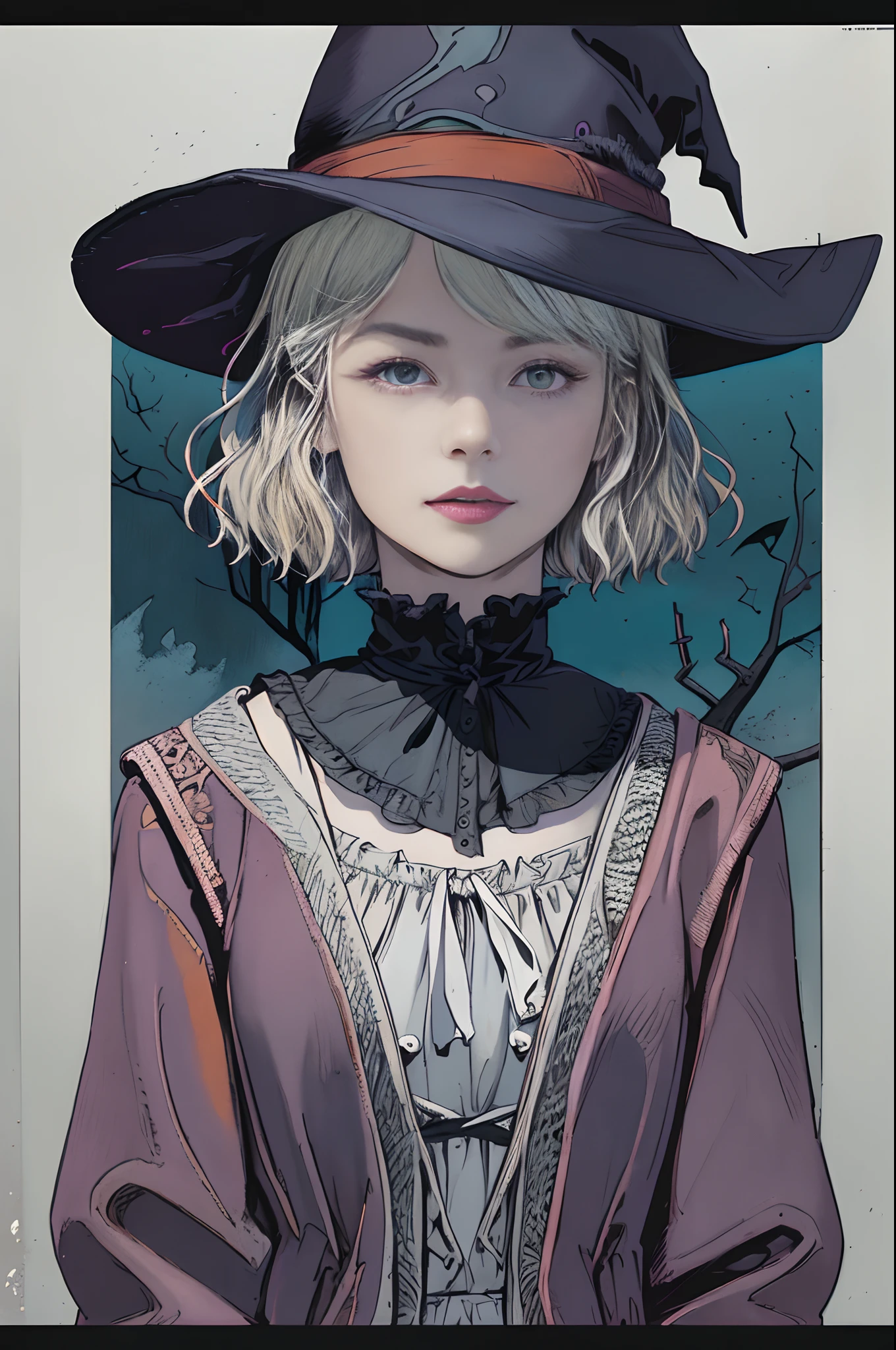 Top image quality、​masterpiece、Vivid coloring、Arthur Rackham's style、Halloween、Aerial perspective、thirds rule、Nordic wearing a witch's hat１People Beautiful Girl、slightly smaller eyes、Pretty small face、Light makeup、Platinum blonde short hair、middlebreasts、tall、Full body like、Wearing a witch's hat on your head、cloaks、Black Gloves、long-sleeve、gothic dress、Bright pumpkin lantern、the bats、Old mansion、Street、fullmoon