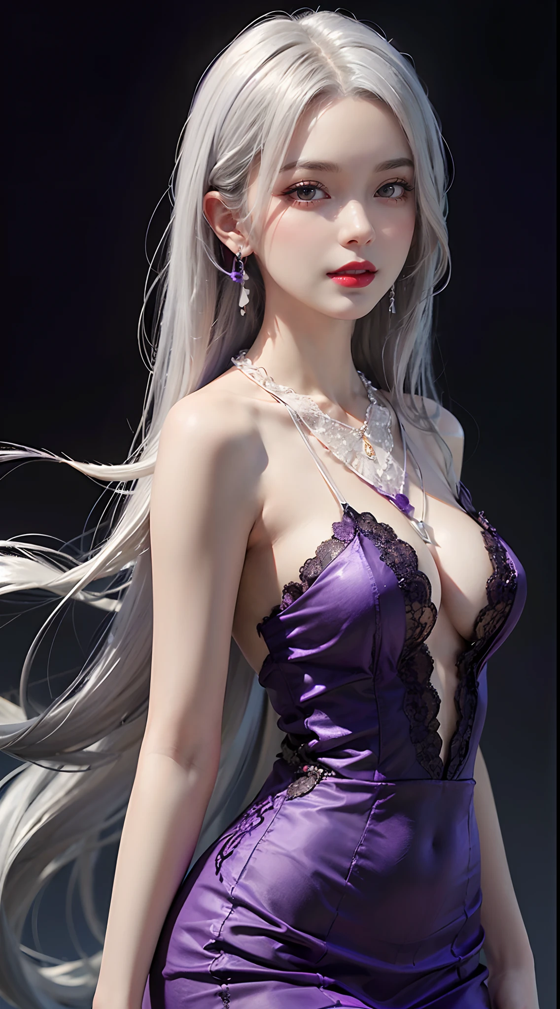 A beautiful and sexy 20-year-old girl, wearing an ultra-thin red dress, a diamond-embellished dress, ((long platinum hair:1.6)), bangs, elaborate jewelry made from precious stones, and beautiful hair, ((wearing a purple lace necklace:1.6))), the aristocratic and aristocratic style of the girl is extremely beautiful, the small face is super cute, the face is very pretty, the eyebrows are thin, the flawless beautiful face, ((black eye pupils: 0.8)), very beautiful eyes, ((light red eyes: 1.5)), beautiful makeup and detailed eyelashes, steamy eye makeup , high nose, earrings, red lips, ((closed mouth: 1;5 )) beautiful lips, slim hands, most beautiful thighs, ((arms spread out to the sides: 1.5)), rosy face, clean face , flawless beautiful face, smooth white skin, (big breasts: 1.5)), ((high breasts: 1.6)), Plump breasts, nice cleavage, ((big and super round breasts: 1.8))), ((super tight breasts: 1.5)) , beautiful breasts, back arms, beautiful girl's upper body, 8k photo, super high quality, super realistic, 10x super pixel, optical, dark studio, light border, two-tone light, (high detail skin:1.2), super 8k, soft light, high quality, volumetric lighting, realistic, Photo, high resolution, lighting, best photo, 4k quality, 8k, effects blur, Smooth and sharp, 10 x pixels, (galaxy: 1.7), aurora, lightning, surreal graphics, most realistic graphics, alone, solo, Extremely sharp, surreal images, ( ((frontal portrait:1.3)))."