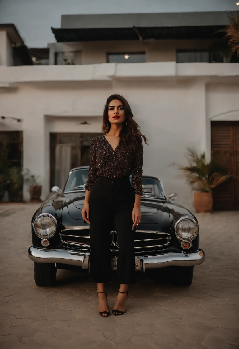 40k, RAW photo, best quality, masterpiece: 1.2), (realistic, photorealistic: 1.37), 1 beautiful Turkish girl weaing black polo shirt, standing beside black Mercedes seducing pose wearing white jeans in night at Lahore , Pakistan outside old traditional home , GTA vice city vibes nightscape Mehwish hayat