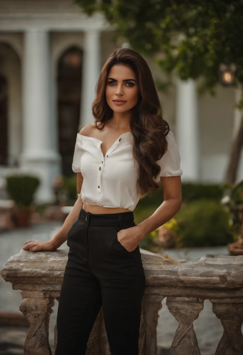 40k, RAW photo, best quality, masterpiece: 1.2), (realistic, photorealistic: 1.37), 1 beautiful Turkish girl weaing black polo shirt, standing beside black Mercedes seducing pose wearing white jeans in night at Lahore , Pakistan outside old traditional home , GTA vice city vibes nightscape Mehwish hayat