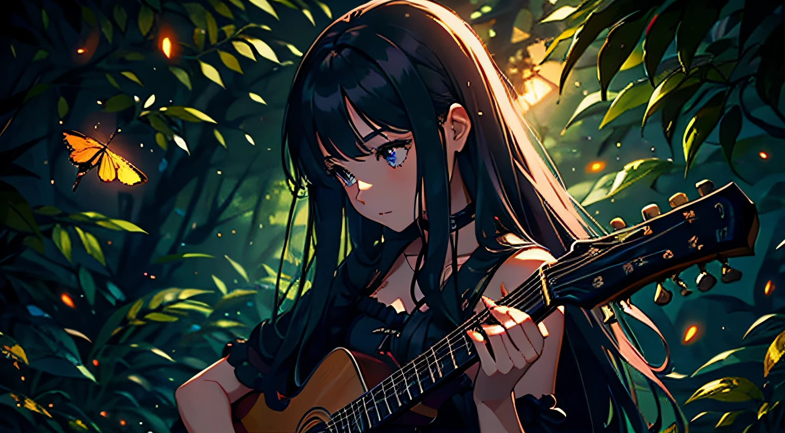 As the night falls, a girl with luscious, long hair sits among the trees, strumming her guitar and creating a symphony with the glowing fireflies that surround her.