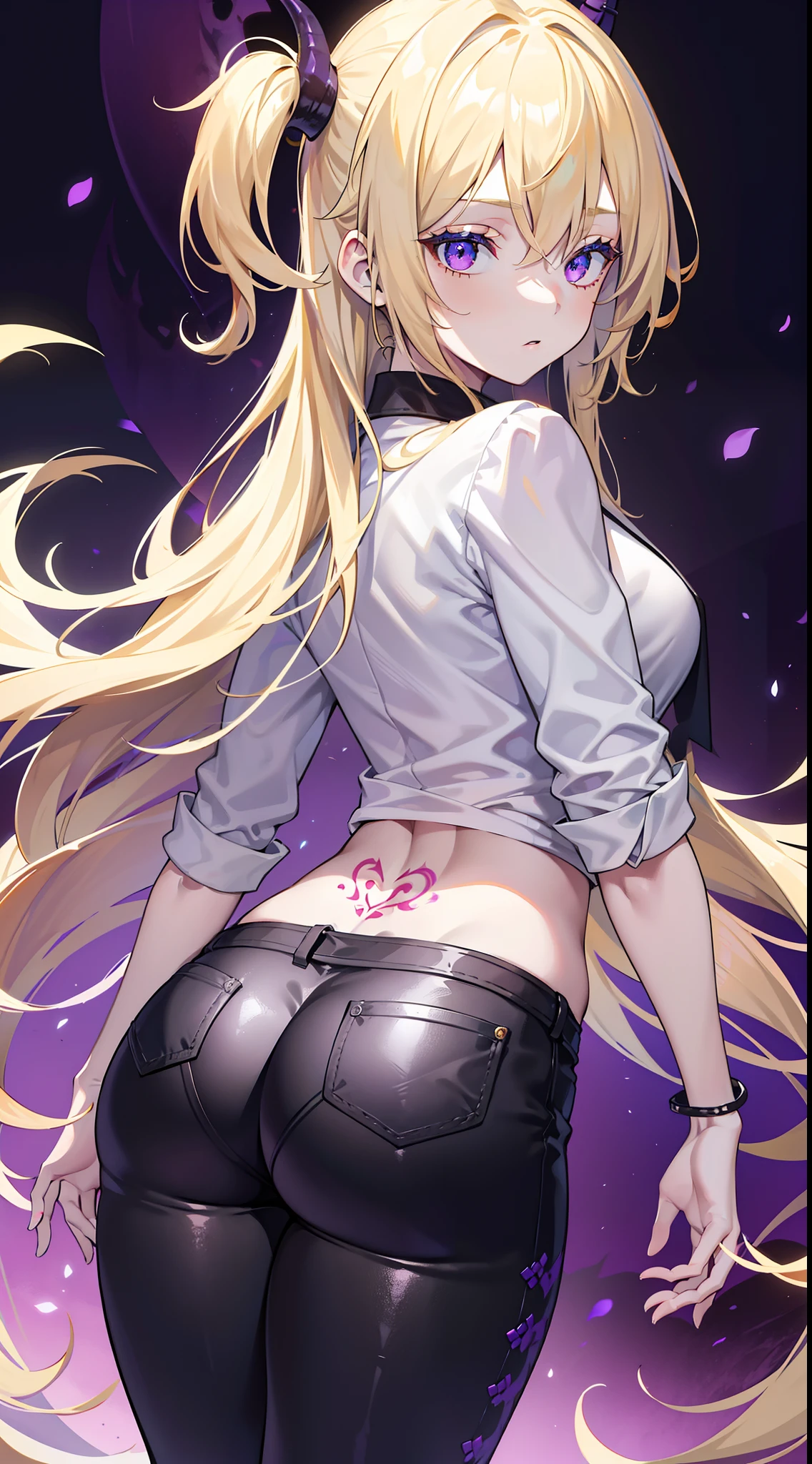 young girl, longue blonde hair, dragon horns, violet eyes, tattoo, Blue tight shirt, open belly, black tight pants, seen from behind, Masterpiece, hiquality, higly detailed, HD, 4k