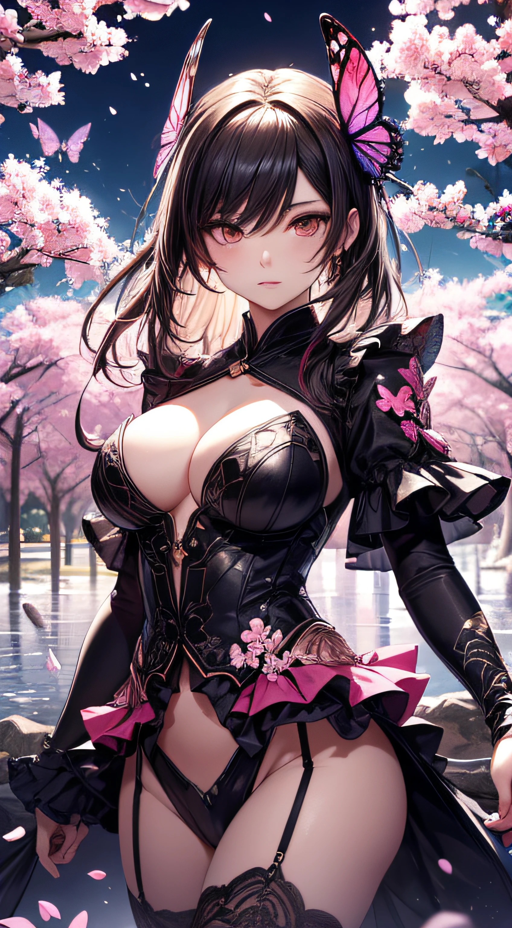 Kocho Shinobu's extremely detailed and high-resolution masterpiece, Beautiful and deadly demon slayer with dynamic action. Highlight the intricate details of her butterfly-themed outfit and the intense expressions on her face. Set the scene to dusk, Against the background of a serene pond and cherry blossom petals. Use of rich colors and volumetric lights、Creating ethereal beauty and strength.