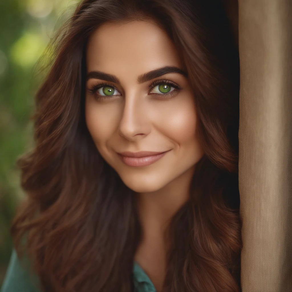 Green big eyes,Brown hair is long,30-year-old woman,Smiling, in casual clothes