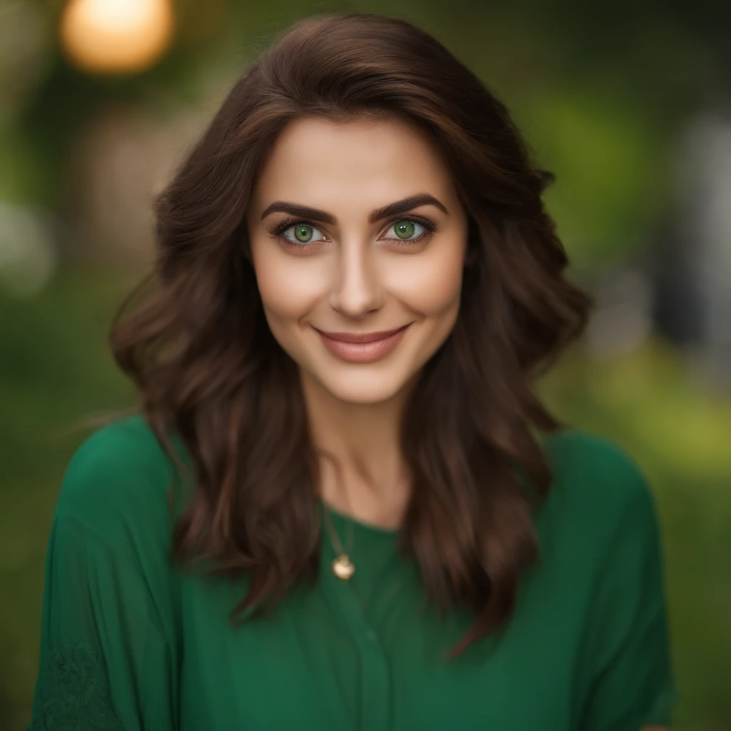Green big eyes,Brown hair is long,30-year-old woman,Smiling, in casual clothes