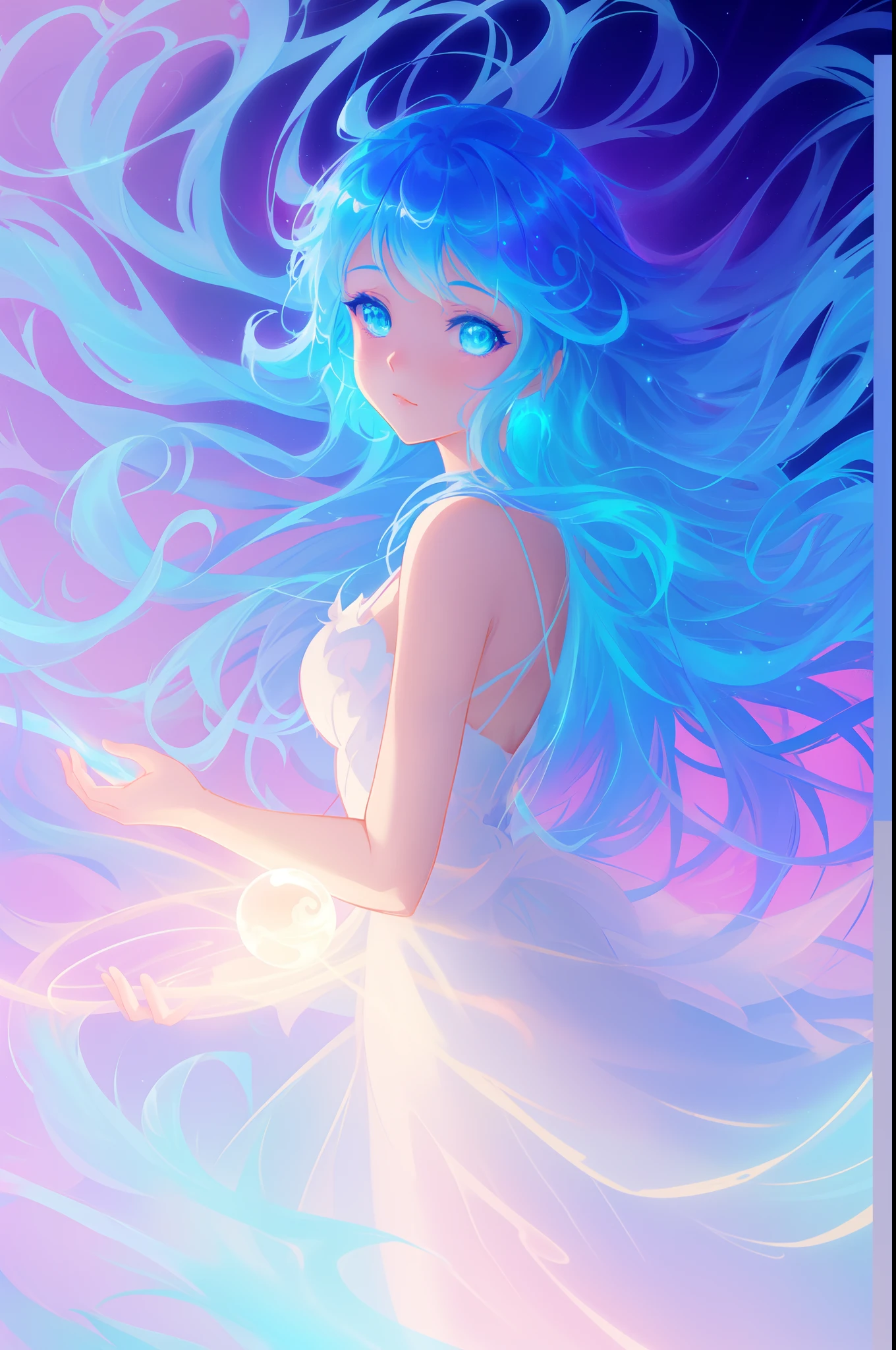 beautiful anime girl, inspired by Glen Keane, inspired by Lois van Baarle, (disney art style), by Lois van Baarle, glowing aura around her, by Glen Keane, jen bartel, glowing lights! digital painting, flowing glowing hair, glowing flowing hair, beautiful digital illustration, magical, whimsical, fantasia background, liquid ballgown, liquid hair, colorful