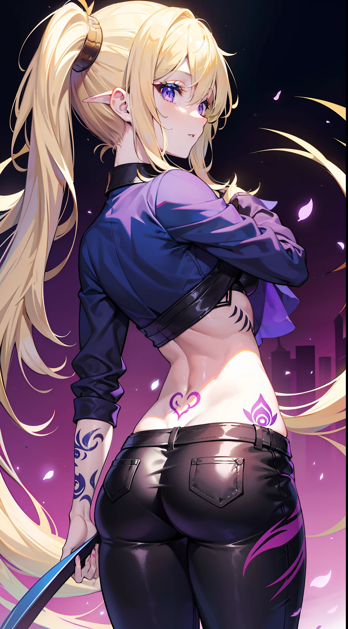 young girl, longue blonde hair, dragon horns, violet eyes, tattoo, Blue tight shirt, open belly, black tight pants, seen from behind, Masterpiece, hiquality, higly detailed, HD, 4k