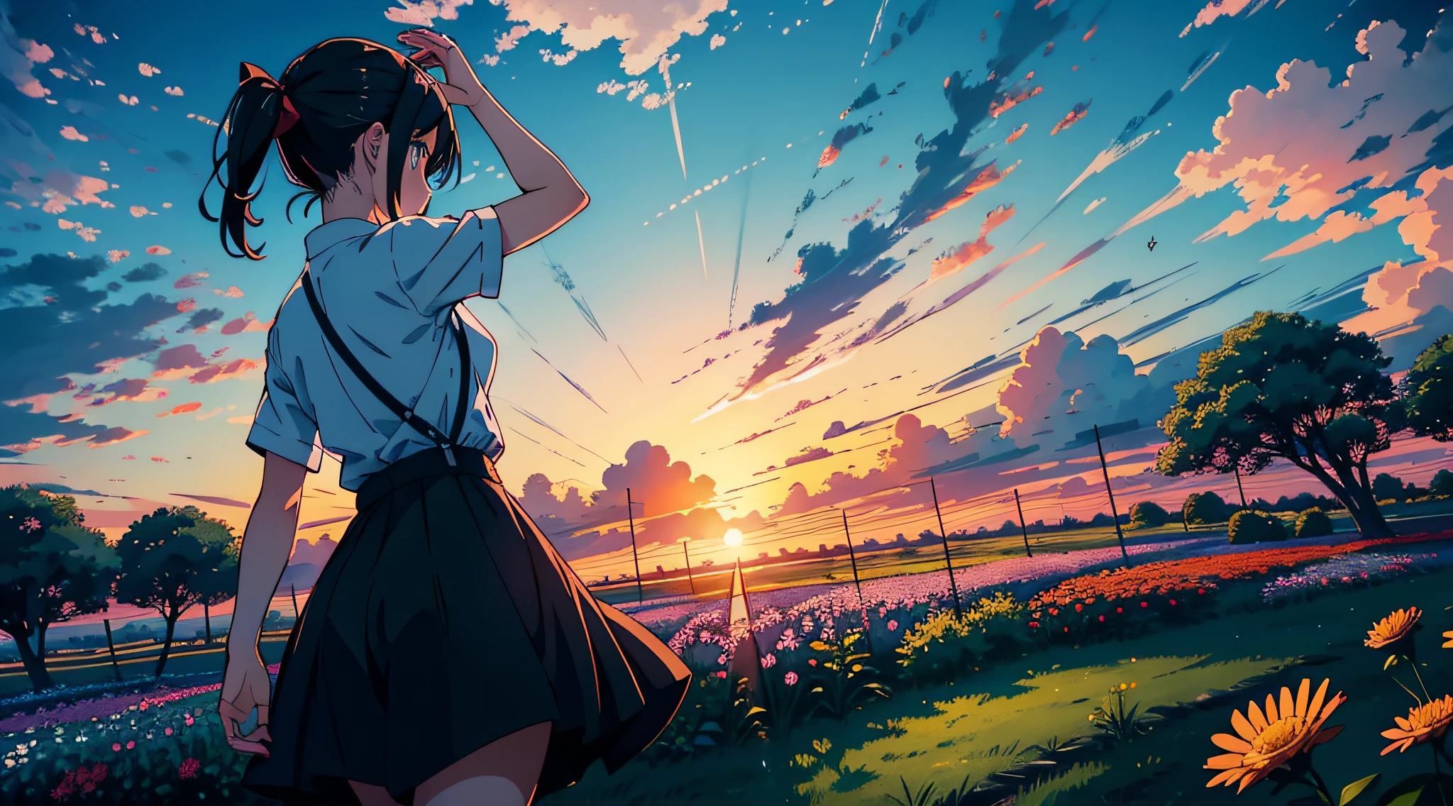 Fun anime girl in the middle of a very big flower garden, While watching the sun set on the horizon、Jump with your hands raised above your head. Her back is facing the camera. She is watching the sunset. Because the sky above is bluish、It's evening. Distant shots. 2D.