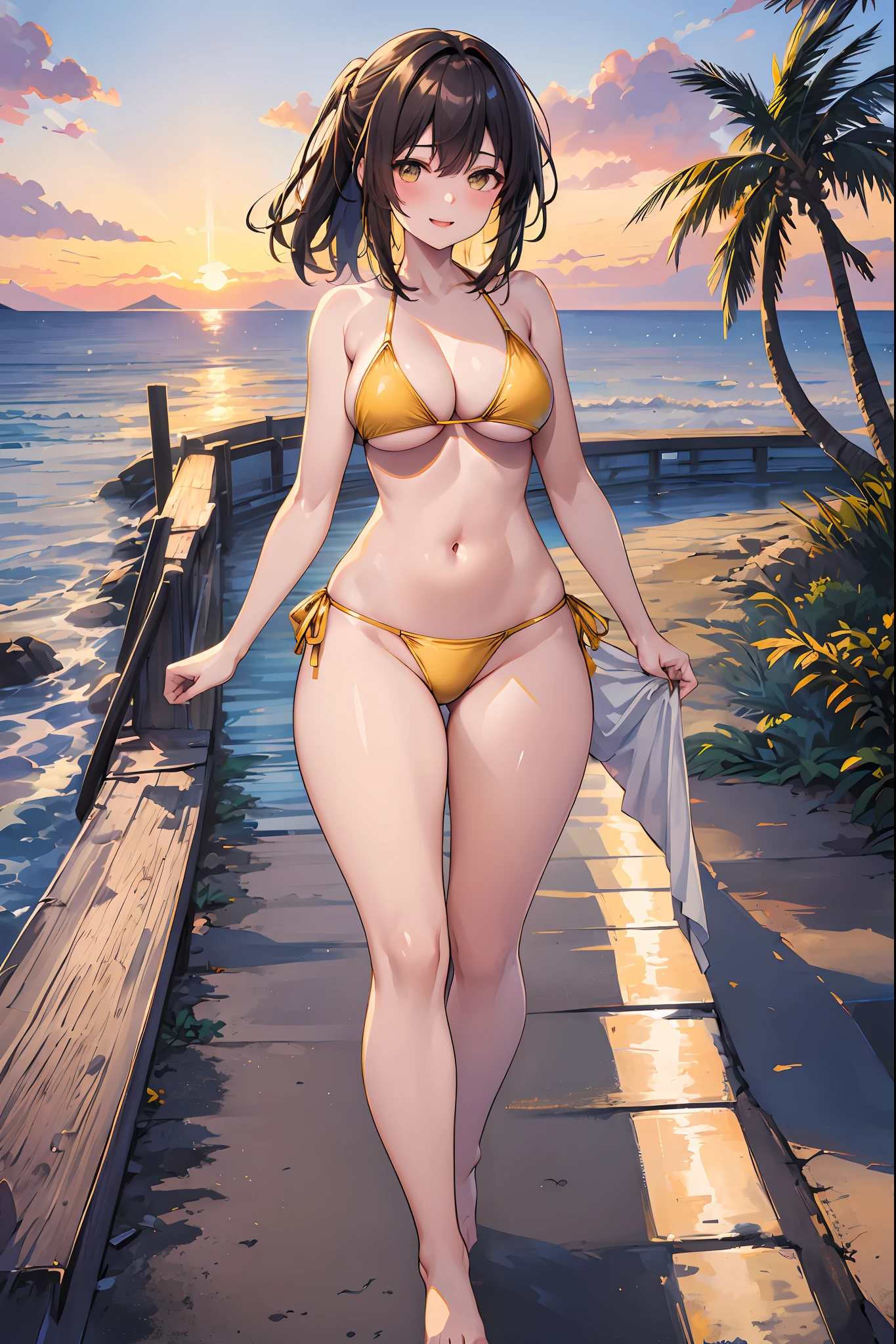 top-quality、Full limbs、complete fingers、Beautiful 25 year old woman、Slender beauty、poneyTail、Medium Hair、Brown hair、Raw feet、((Yellow Bikini))、Beautiful Large Breasts、sunset、the beach、Standing on the beach、horizon、Hair fluttering in the wind、A big smile、Palm trees、Walking in front