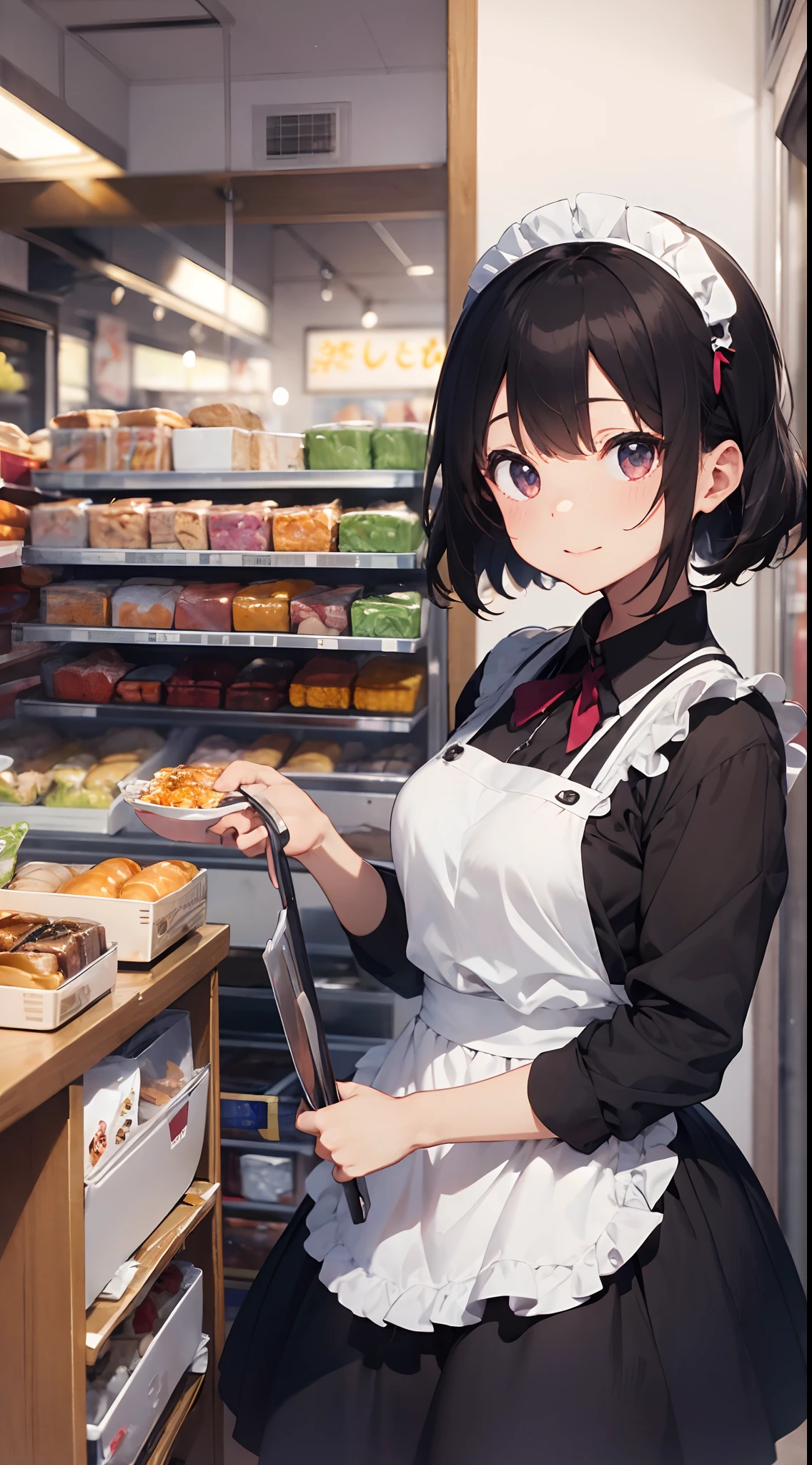 Maid：Bob has to、Her eyes are green and she has a bright smile、The uniform is a classic maid outfit of black and white, with a long skirt and ankle-length、The apron looks white and neat.、In the hand is holding a tray background：In the maid café、There is a counter, table and chairs、Menus and posters are on the walls、You can see the city from the window、The inside of the store is bright, clean and has a fashionable atmosphere The main character：The maid is a college student who works at a maid café.、A girl who has an otaku hobby and likes maid clothes。She is kind and polite to her customers.、time々I'm going to do a jerk.。She falls in love with a man she meets at a maid café.、There is a secret that the man was actually a professor at her university.
