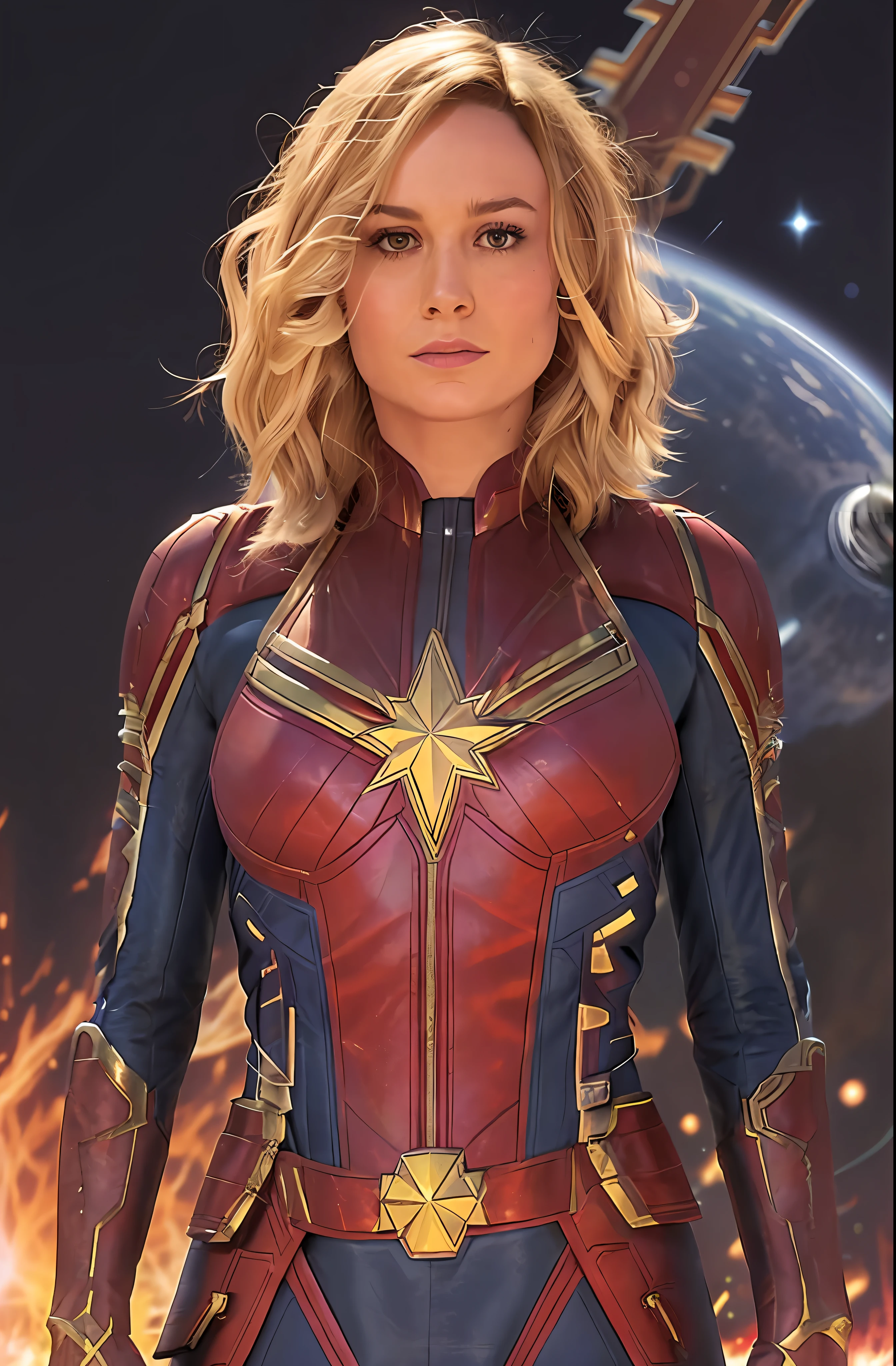 Brie Larson, medium hair, full body portrait, wearing Captain Marvel outfit, sexy, flying in space