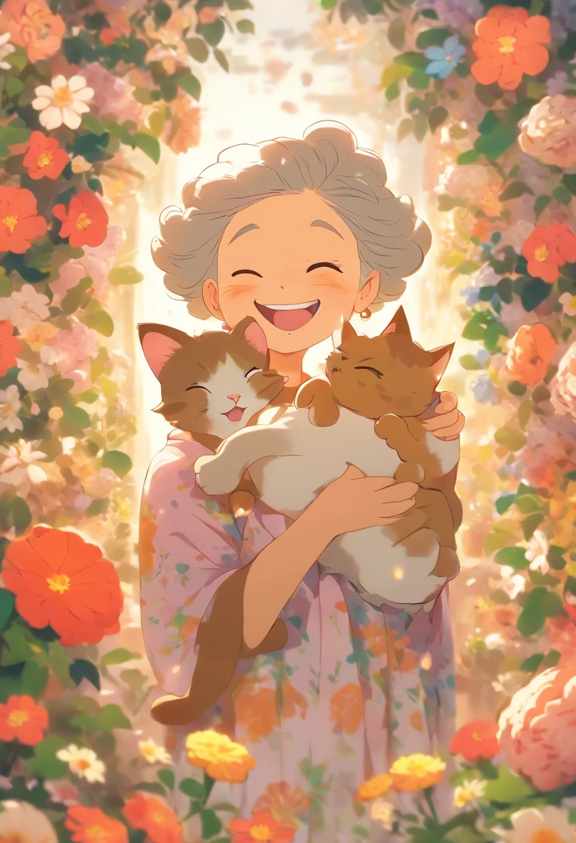 Grandmother holding a cat，Laugh happily，The back is surrounded by many flowers