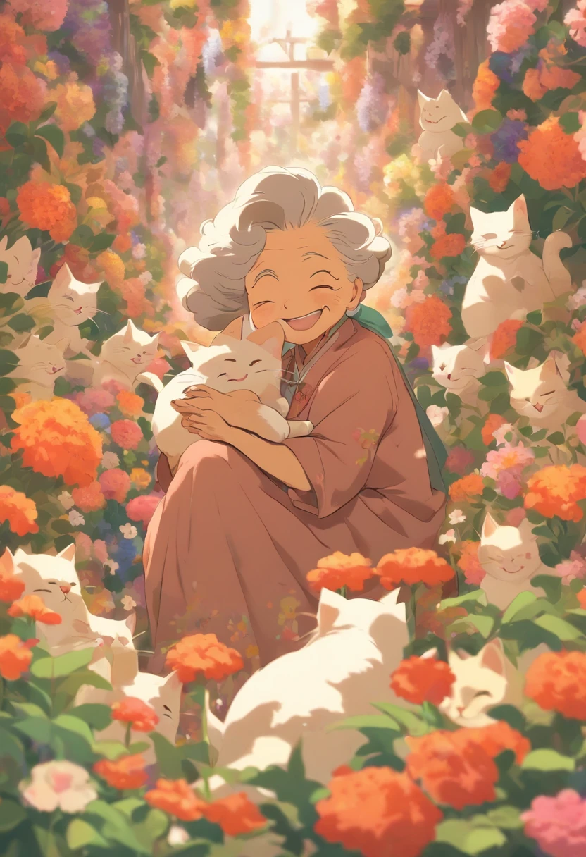 Grandmother holding a cat，Laugh happily，The back is surrounded by many flowers