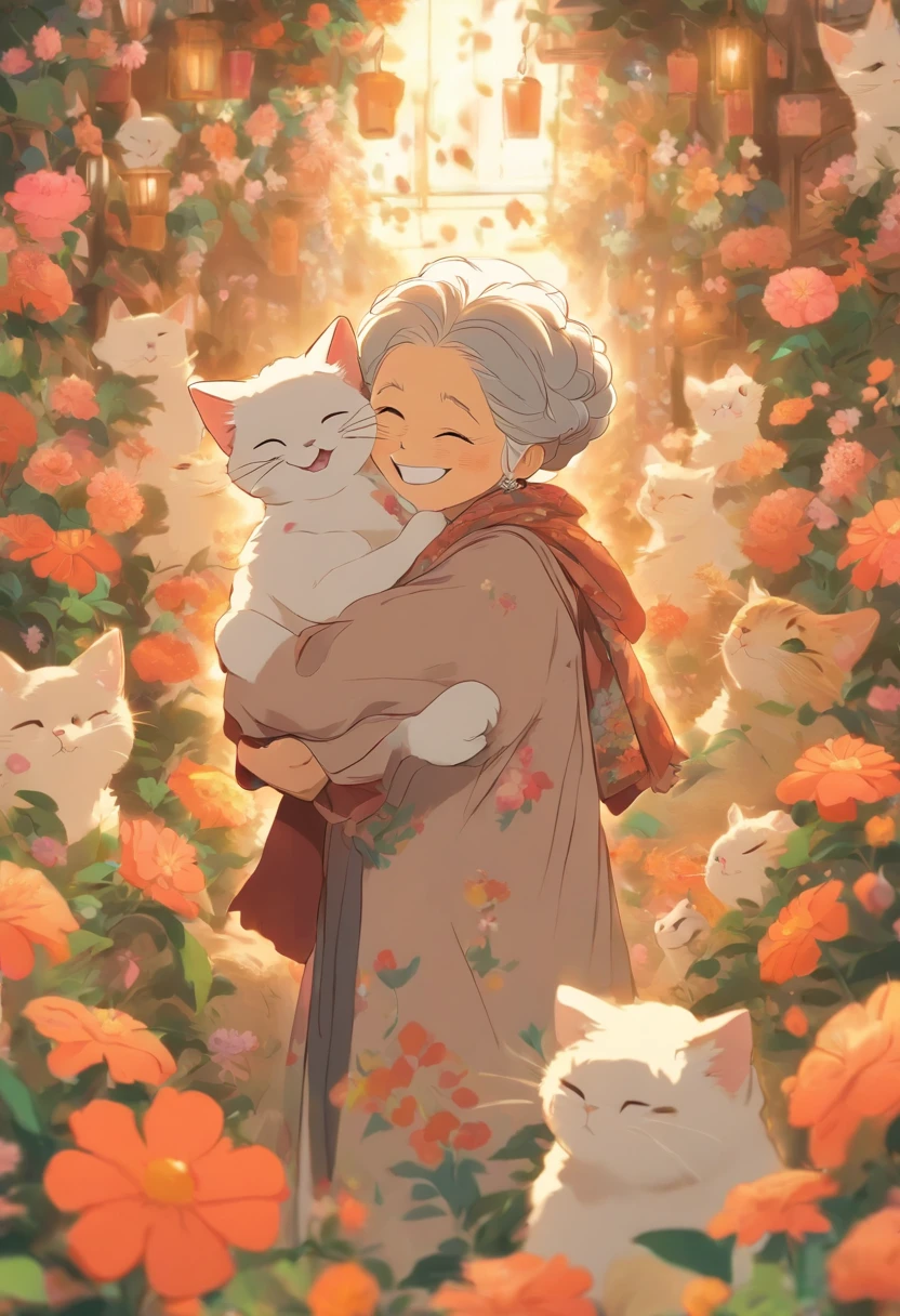 Grandmother holding a cat，Laugh happily，The back is surrounded by many flowers