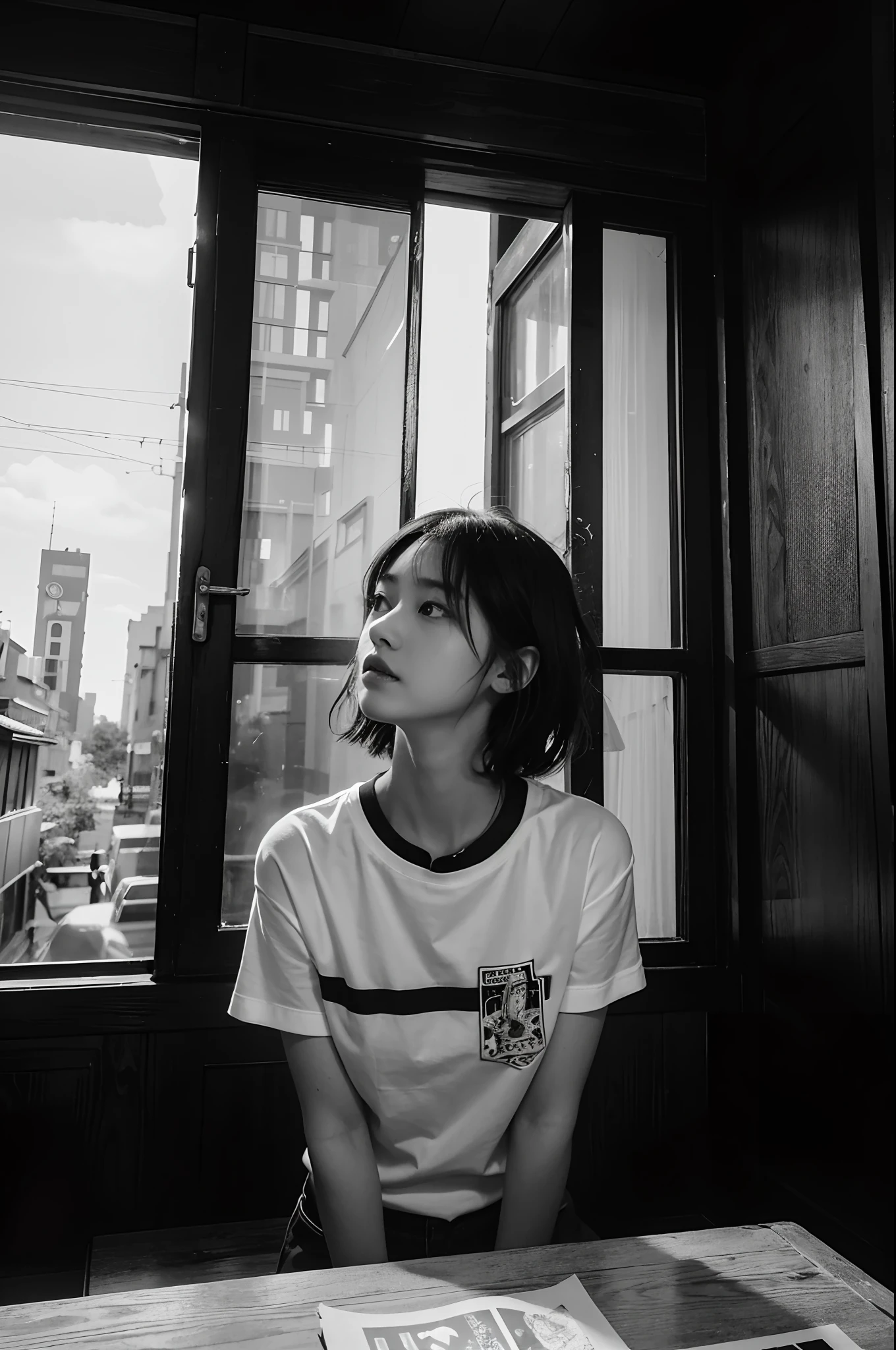 Photo by Sarah Moon. Cool black and white t-shirt design with text of Japan age girl:"September 19". ,High contrast, Halation, 8K, Cinematic, high detailing, Girls love girls、I kiss you., Photo, Fashion,selfee,Monochrome photography、Detailed monochrome photos、Beautiful teenwoman、Slender and small breasts、being thin、The scenery of the room is reflected in the eyes、masterpiece