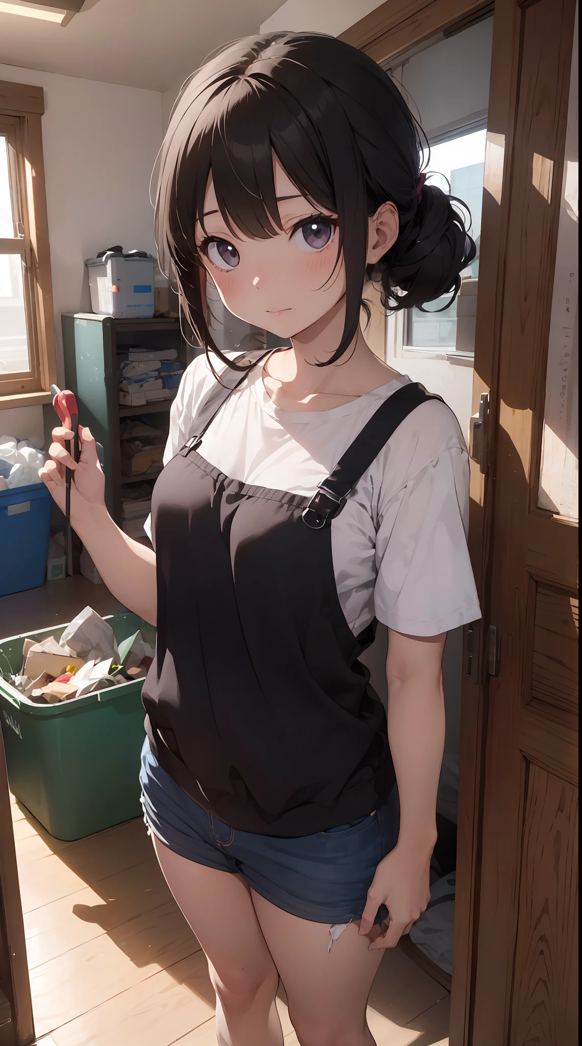 This illustration is、Pretty girl standing in a room filled with garbage、It depicts a moment when you are furious about the situation。She、Holding cleaning tools in hand、Its eyes are burning with anger。Among them、Old magazines、leftover food、Filled with unused household appliances。 however、The most notable is、She gives off「The high-energy body of the final mystery」is。This energy body is、Released from her body、Has the power to erase garbage in the room in an instant。ha、Emitting a pale light、That light is in the corner of the room々It has been delivered to。 This moment、Garbage burns out、The room becomes clean in an instant。 Eta、At its heart is、Anger subsides、A girl with a satisfied expression is standing。