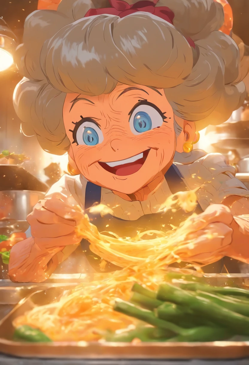 Grandma was cooking in the kitchen,Laugh happily,Enjoy the state of life