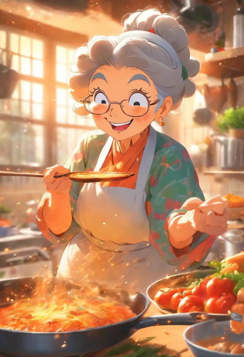 Grandma was cooking in the kitchen，Laugh happily，Enjoy the state of life