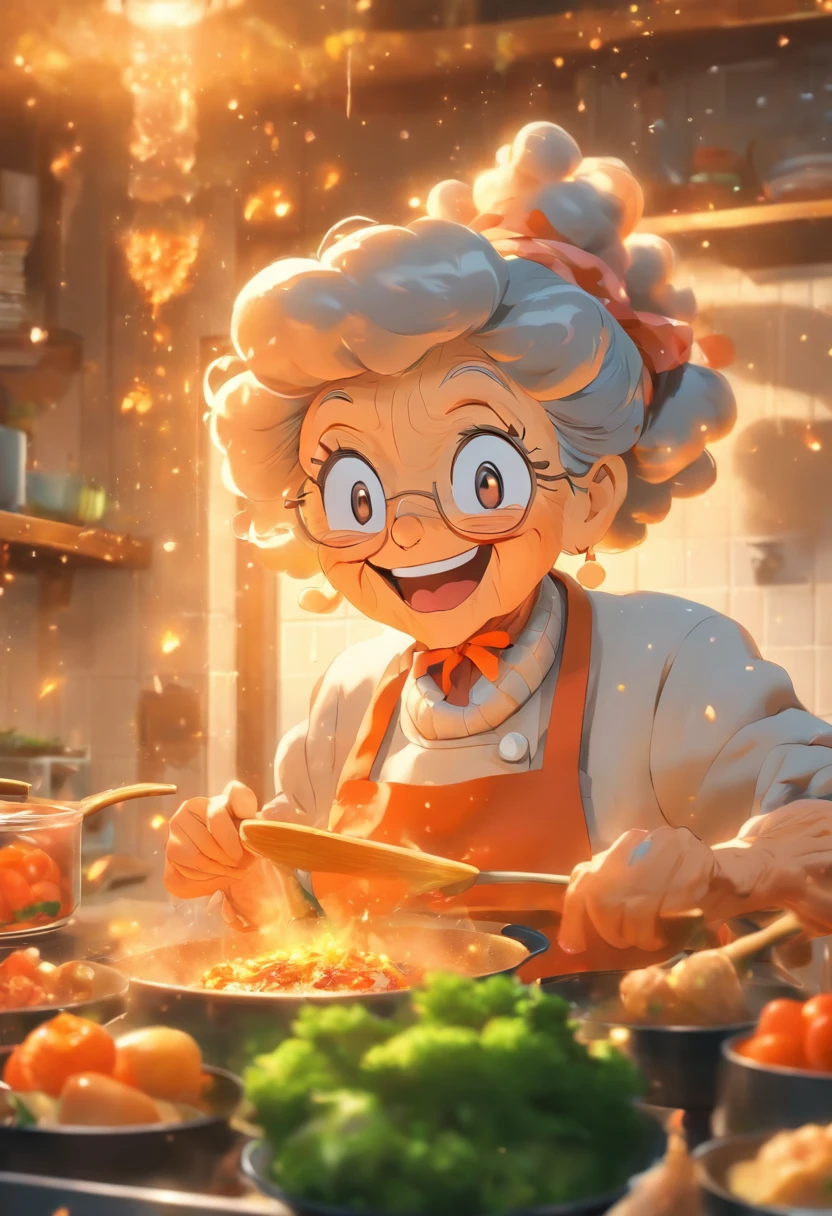 Grandma was cooking in the kitchen,Laugh happily,Enjoy the state of life